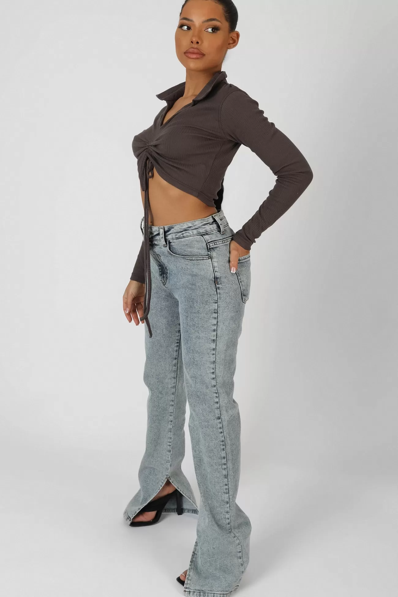 Public Desire Long Sleeve Collar Ruched Top Taupe Cheap