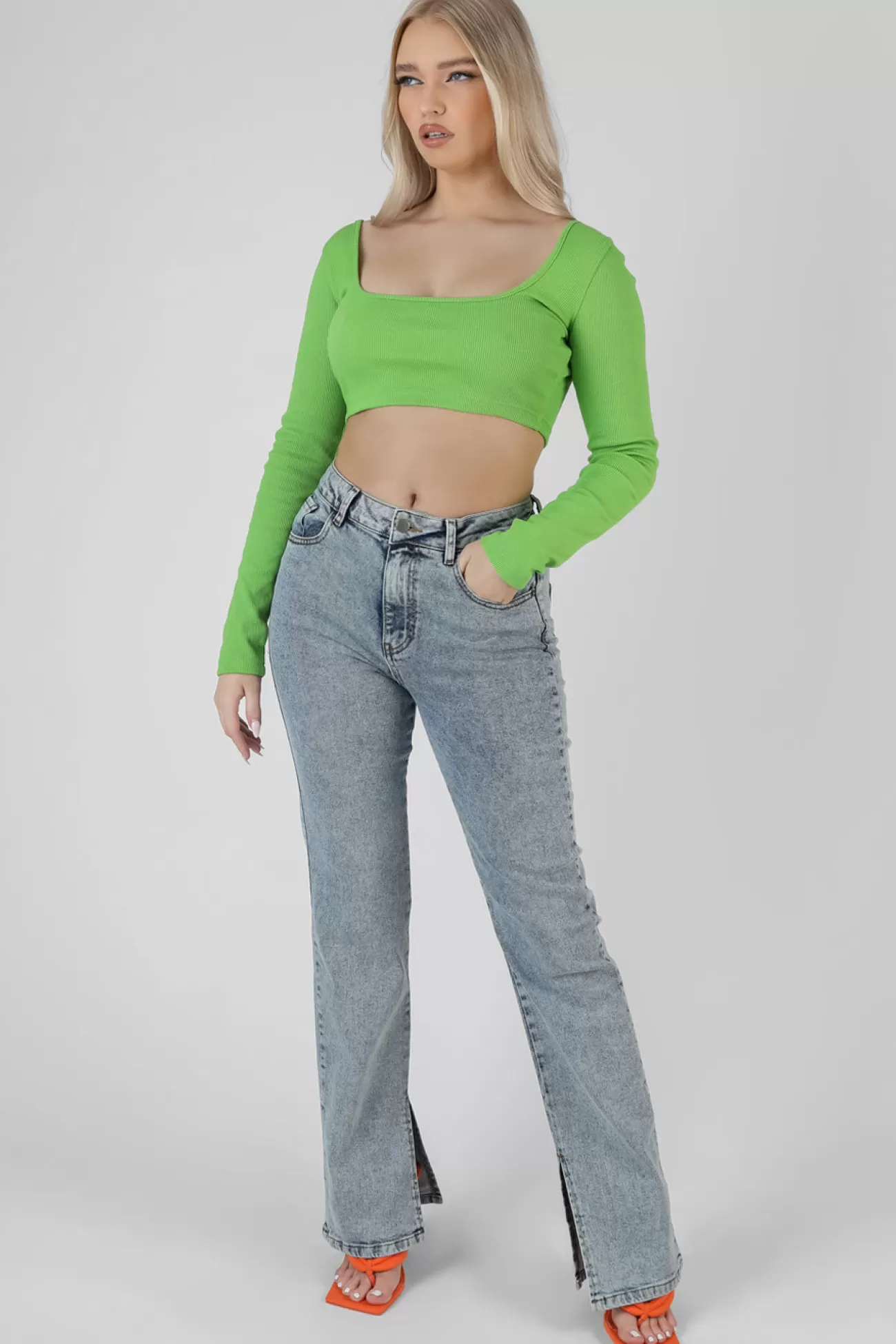 Public Desire Long Sleeve Square Neck Crop Top Green Clearance