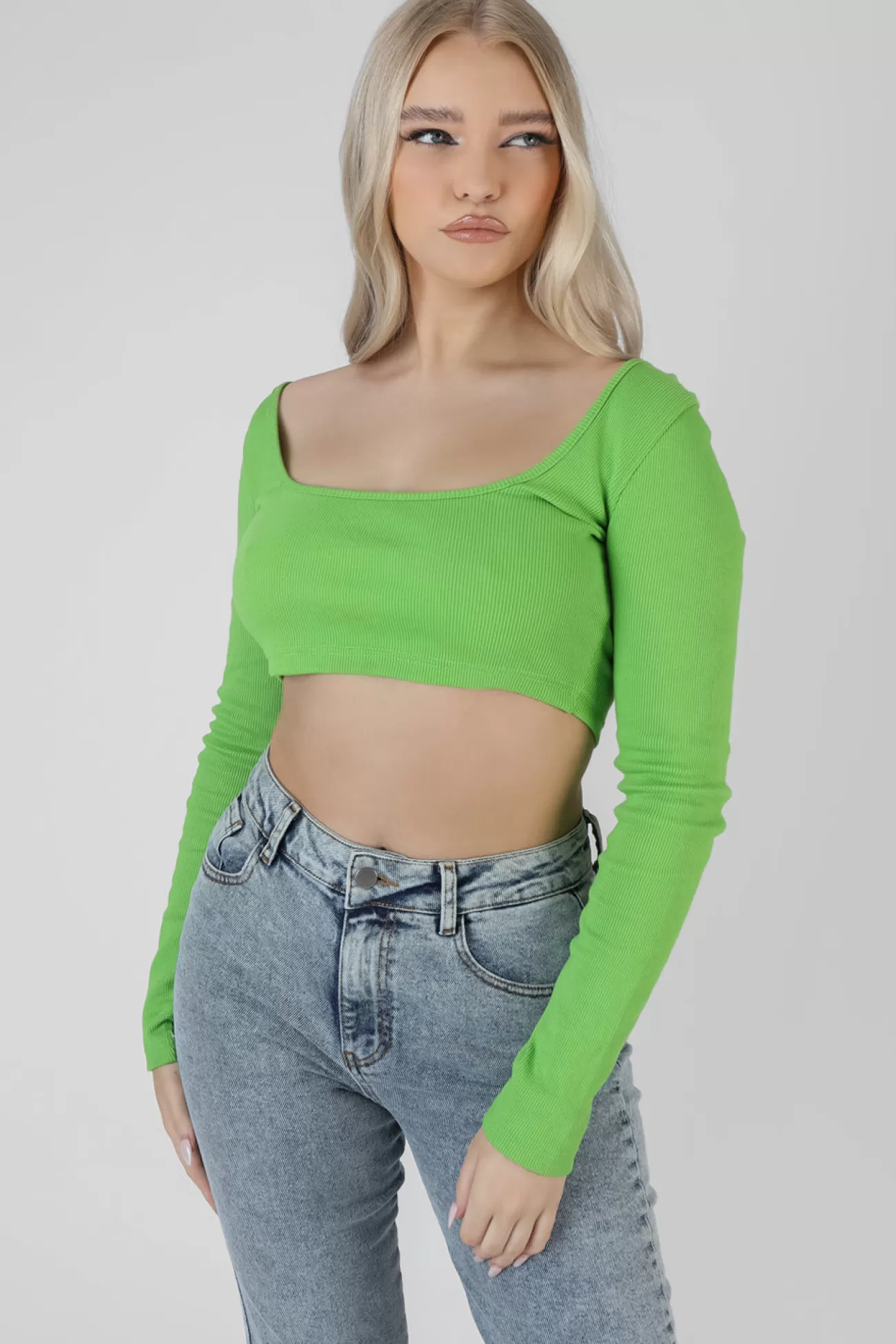 Public Desire Long Sleeve Square Neck Crop Top Green Clearance
