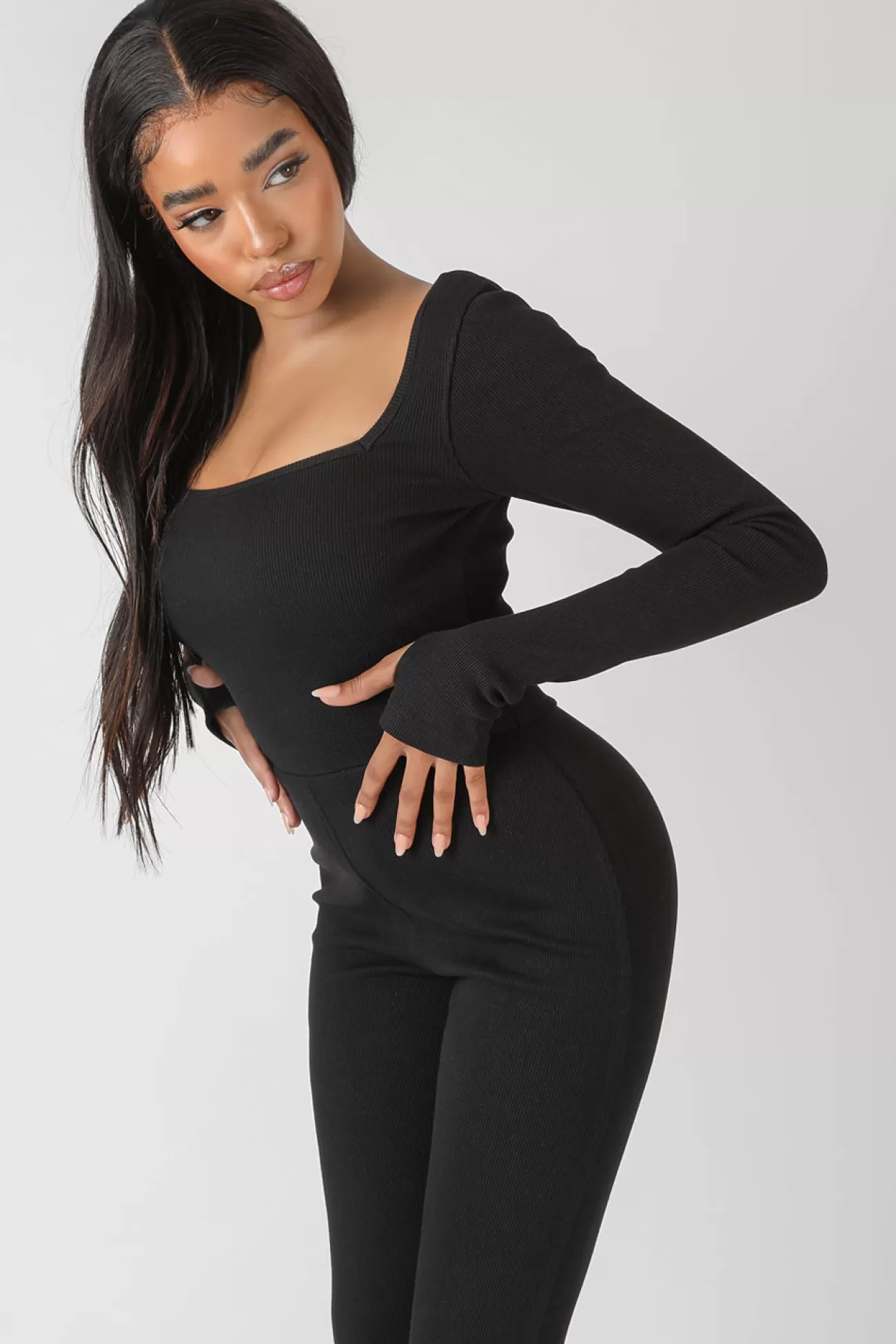 Public Desire Long Sleeve Square Neck Ribbed Jumpsuit Black Best
