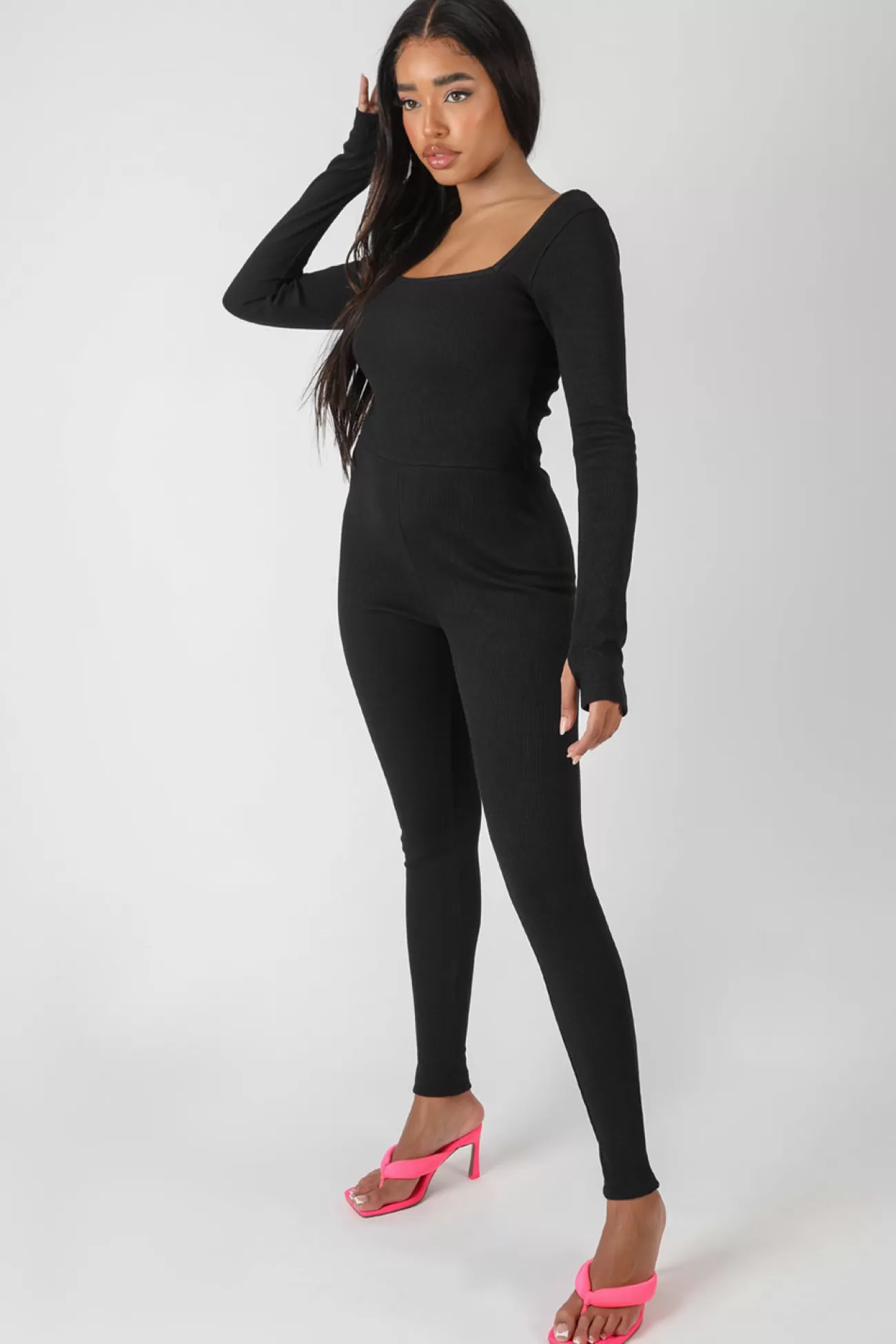 Public Desire Long Sleeve Square Neck Ribbed Jumpsuit Black Best