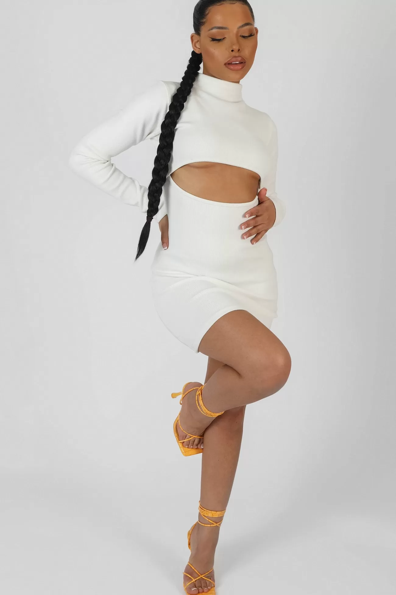 Public Desire Long Sleeve Waist Cut Out Mini Dress Ivory Clearance