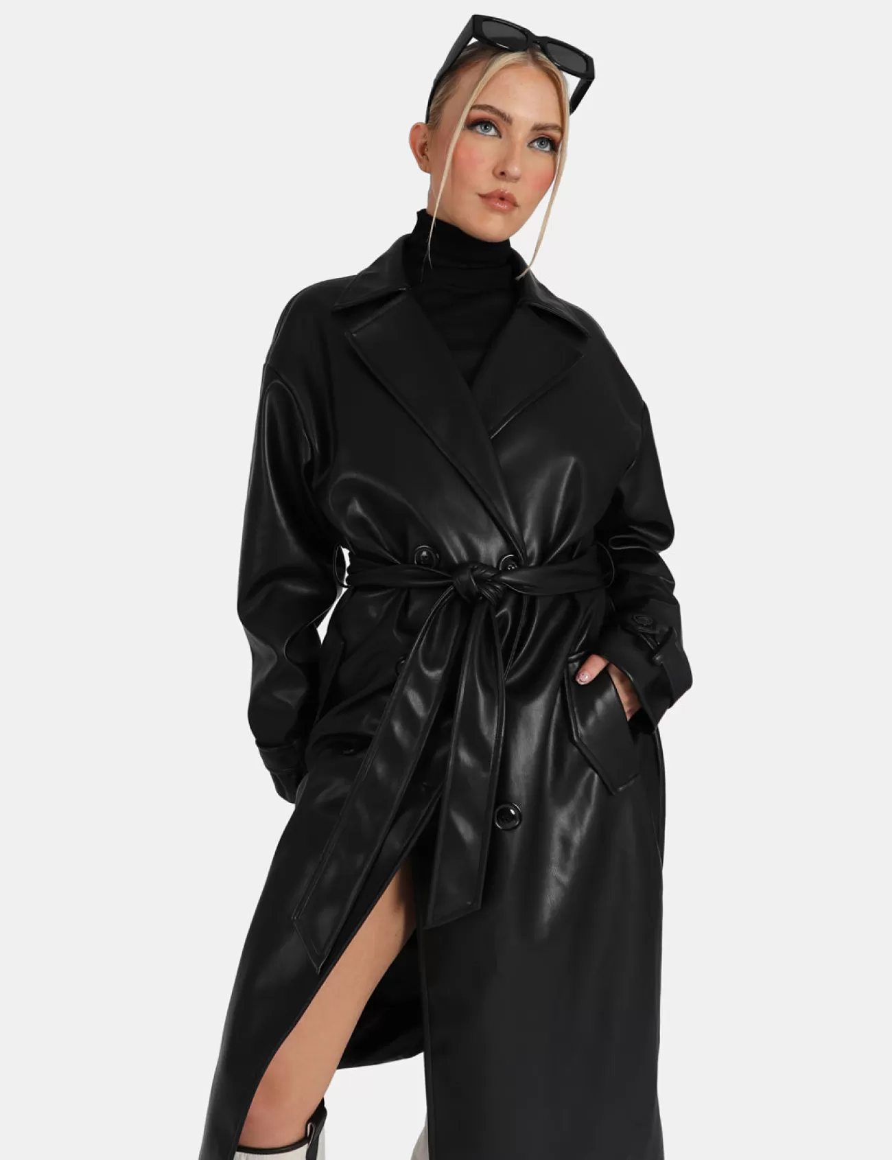 Public Desire Longline Pu Belted Black Trench Cheap