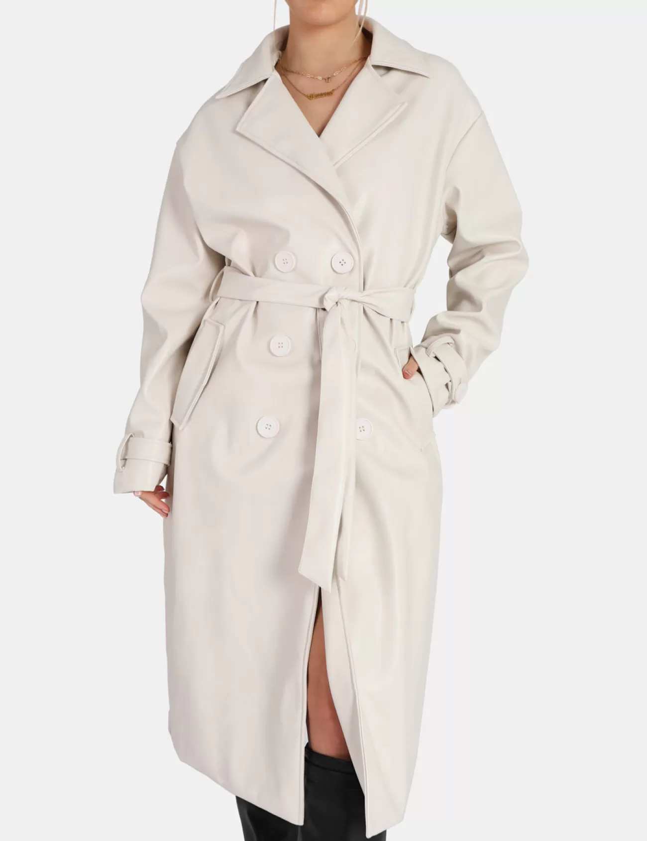 Public Desire Longline Pu Belted Trench Ecru Sale