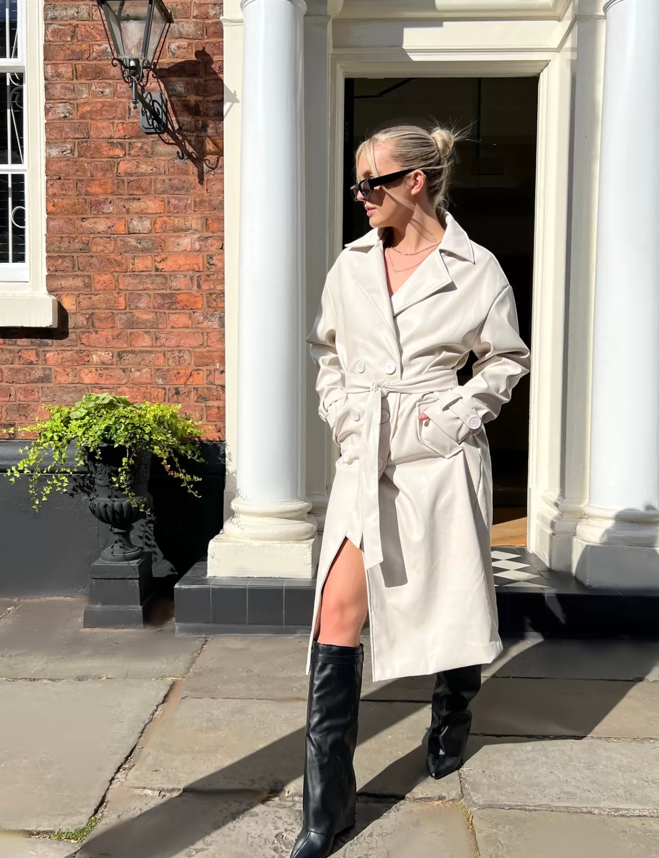 Public Desire Longline Pu Belted Trench Ecru Sale