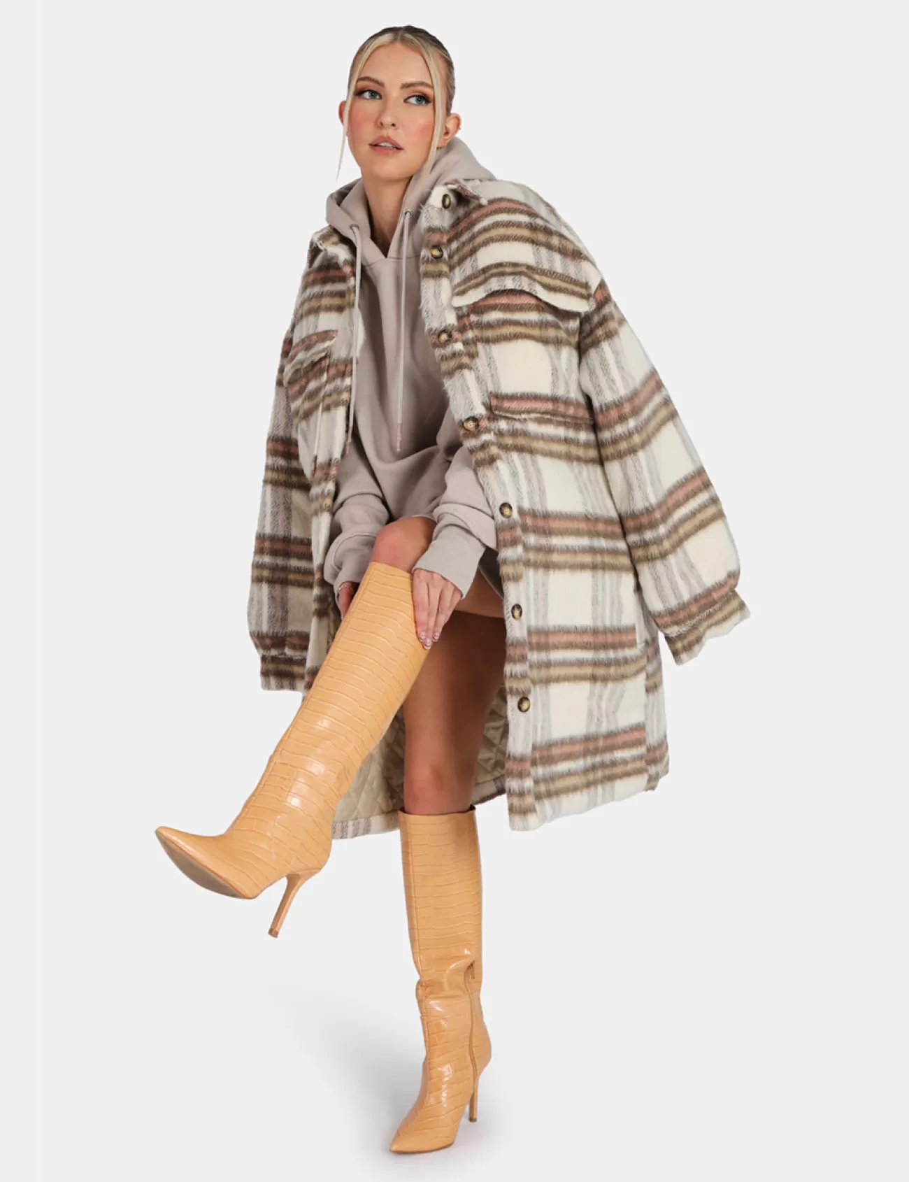 Public Desire Longline Soft Touch Check Shacket Ecru New
