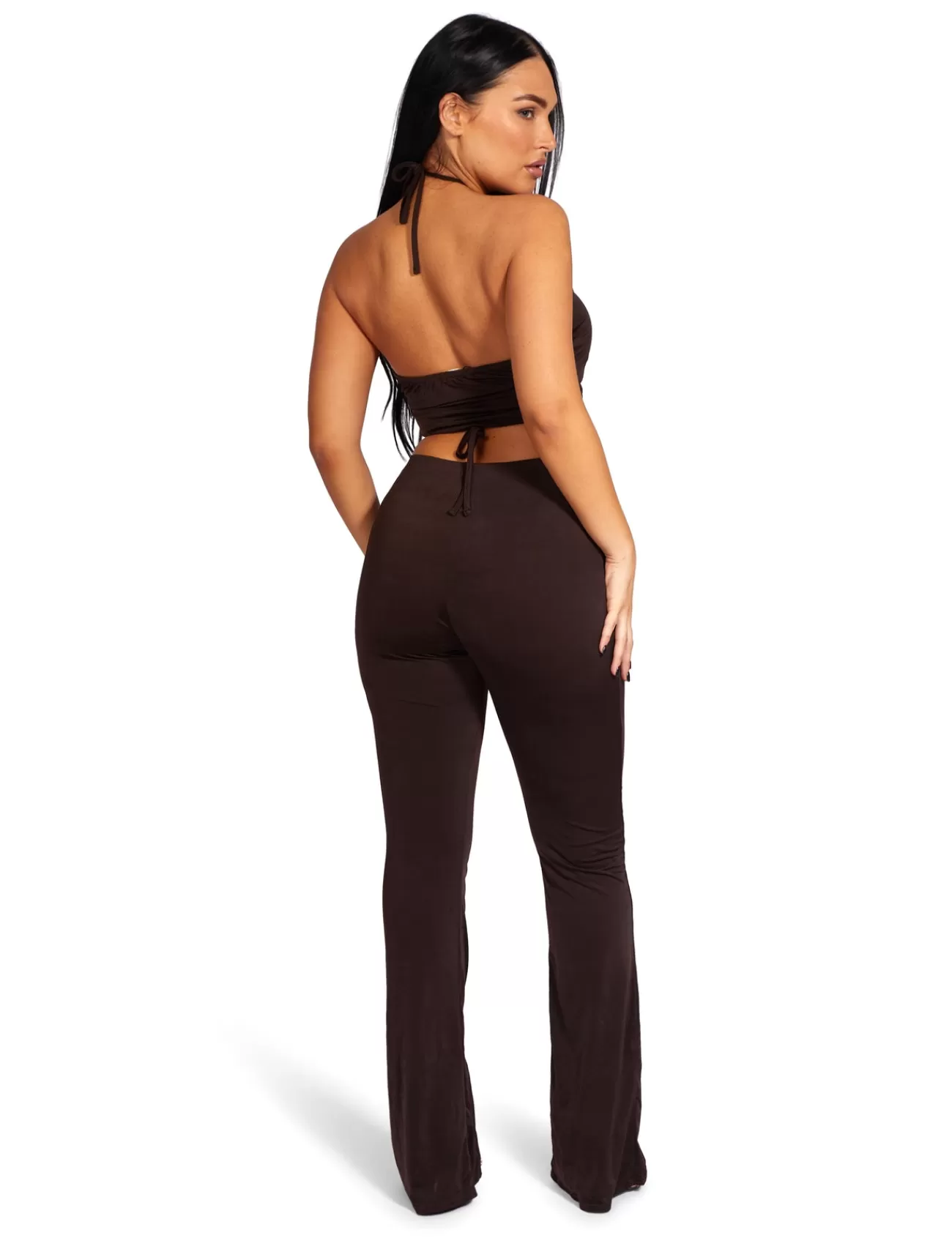 Public Desire Loop Ruched High Waist Split Trousers Chocolate New