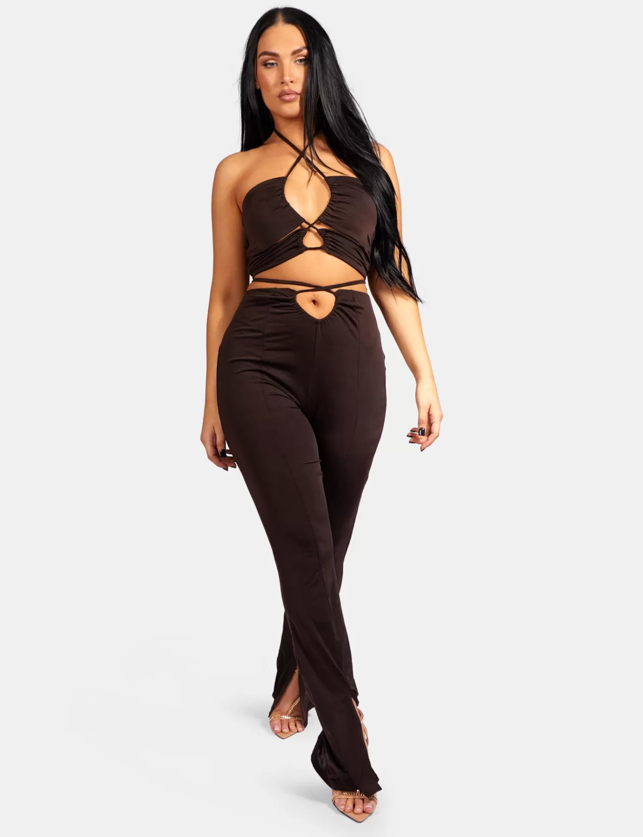 Public Desire Loop Ruched High Waist Split Trousers Chocolate New