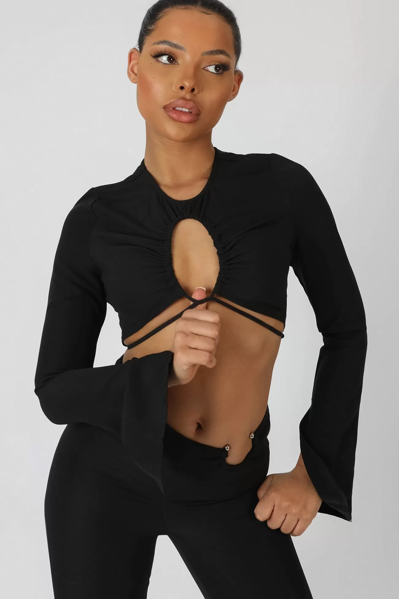 Public Desire Loop Ruching Long Sleeve Top With Splits Black Outlet