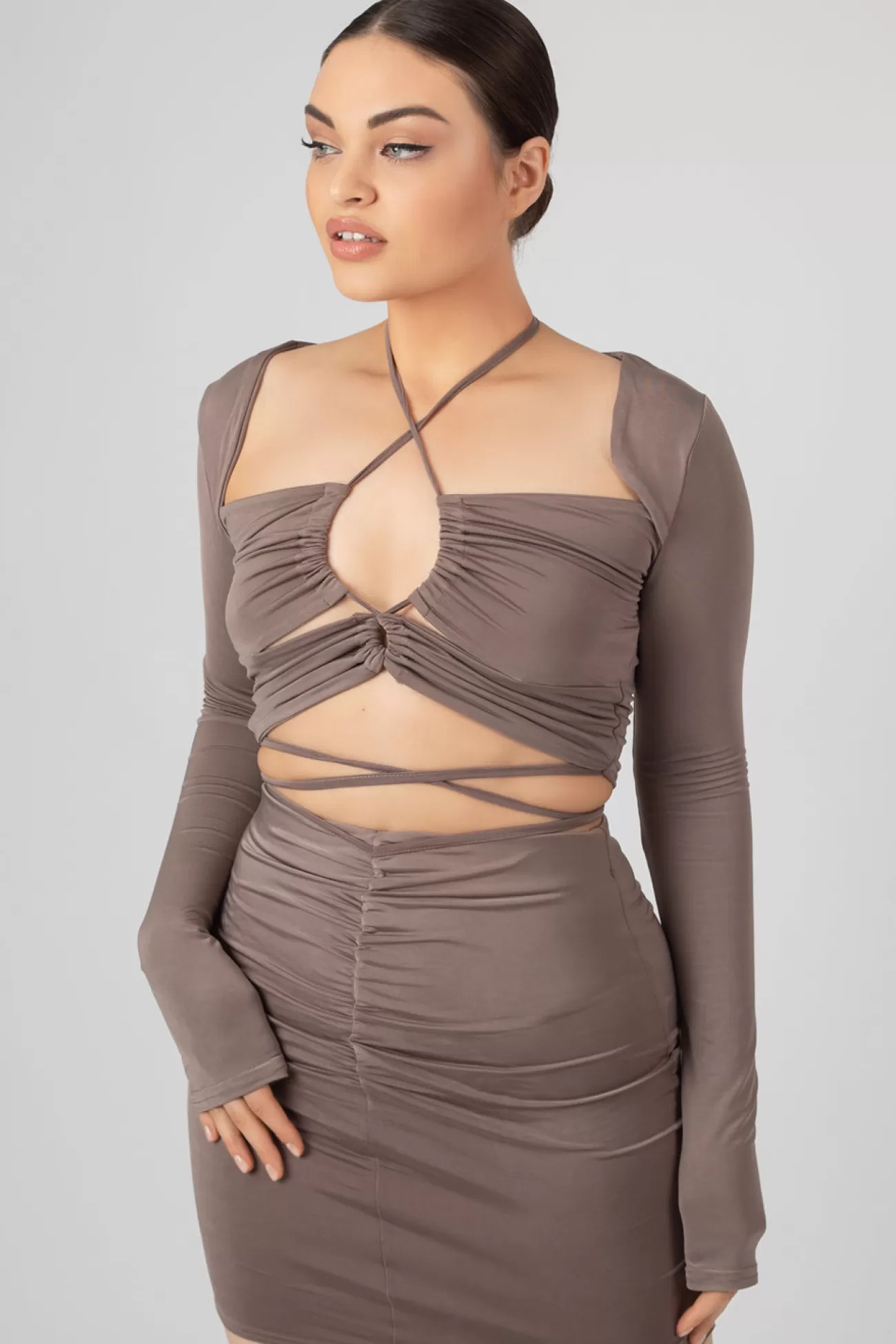 Public Desire Loop Ruching Slinky Long Sleeved Top Mink Grey Flash Sale