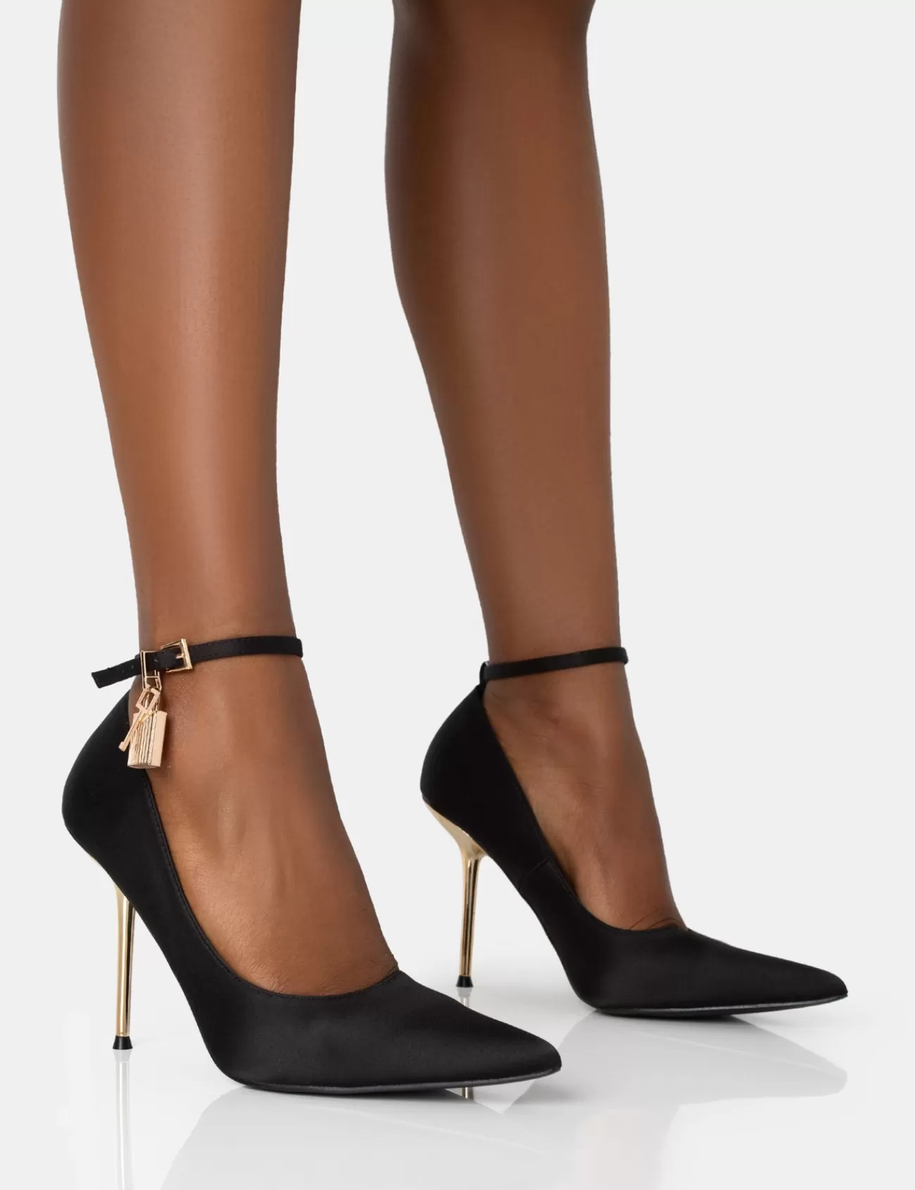 Public Desire Lotty Satin Padlock Ankle Detail Court Stiletto Heels Black Discount