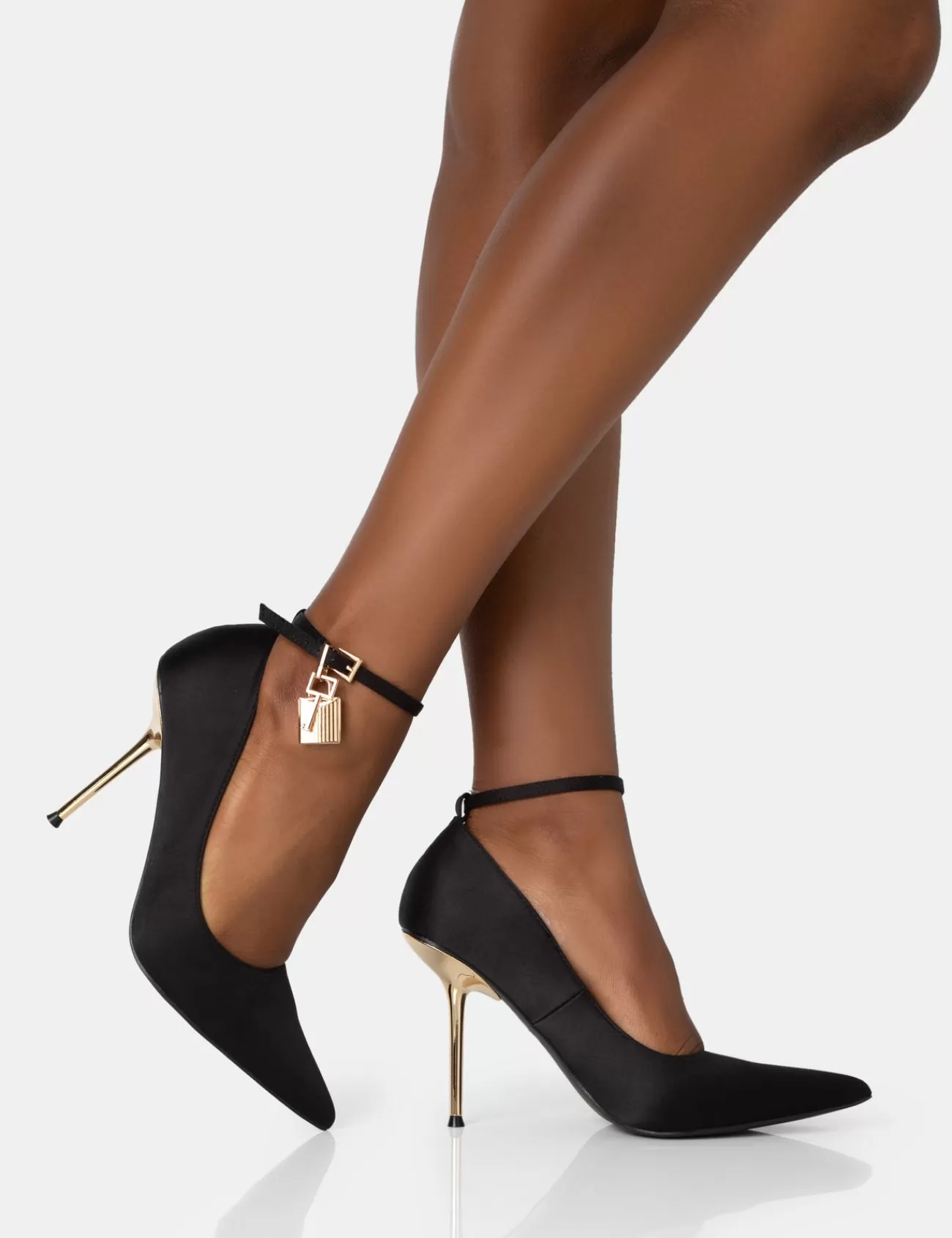 Public Desire Lotty Satin Padlock Ankle Detail Court Stiletto Heels Black Discount