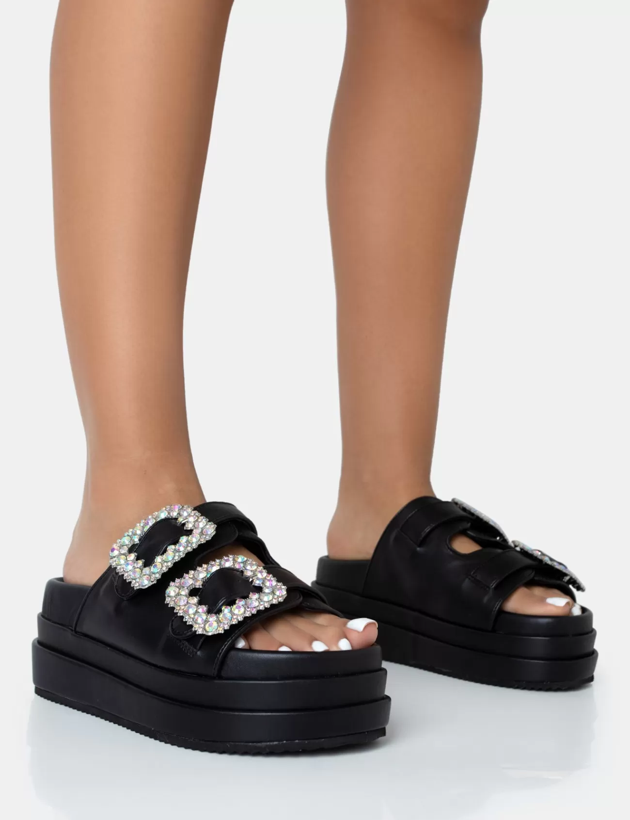 Public Desire Lozzy Pu Diamante Buckle Double Strap Platform Slider Sandals Black Flash Sale