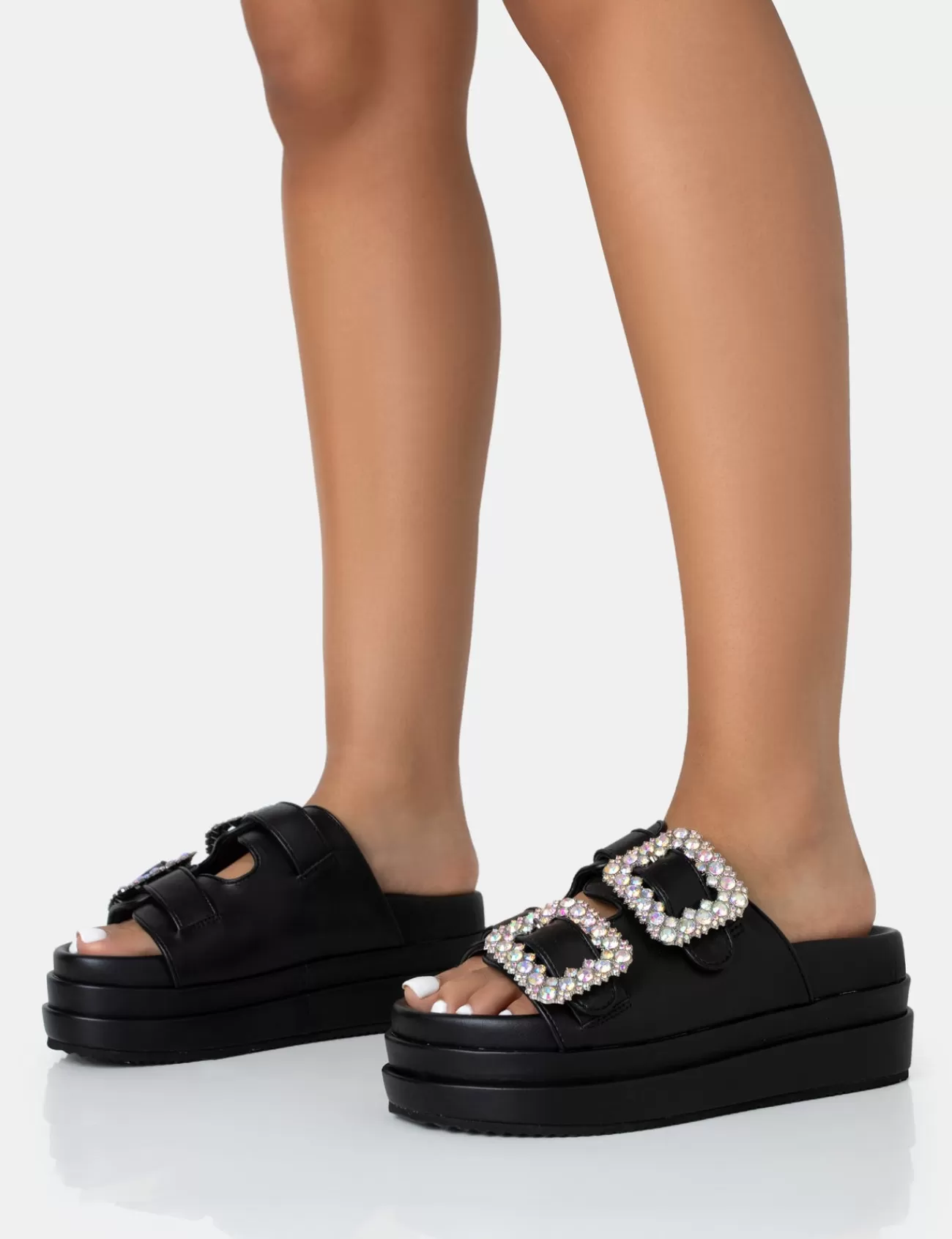 Public Desire Lozzy Pu Diamante Buckle Double Strap Platform Slider Sandals Black Flash Sale