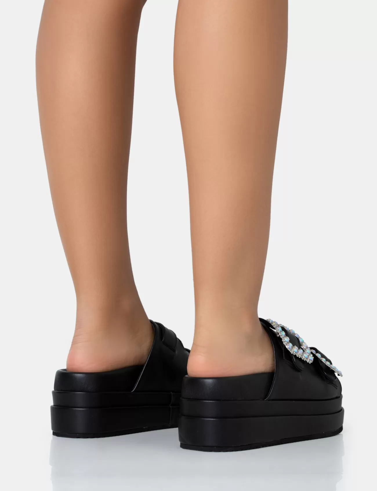 Public Desire Lozzy Pu Diamante Buckle Double Strap Platform Slider Sandals Black Flash Sale