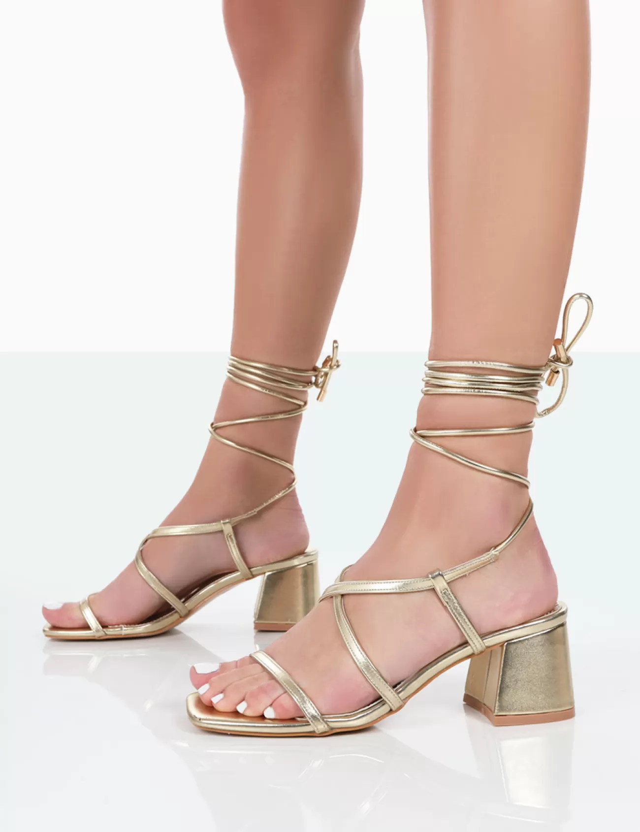 Public Desire Mabel Metallic Ankle Tie Block Heeled Sandals Gold Online