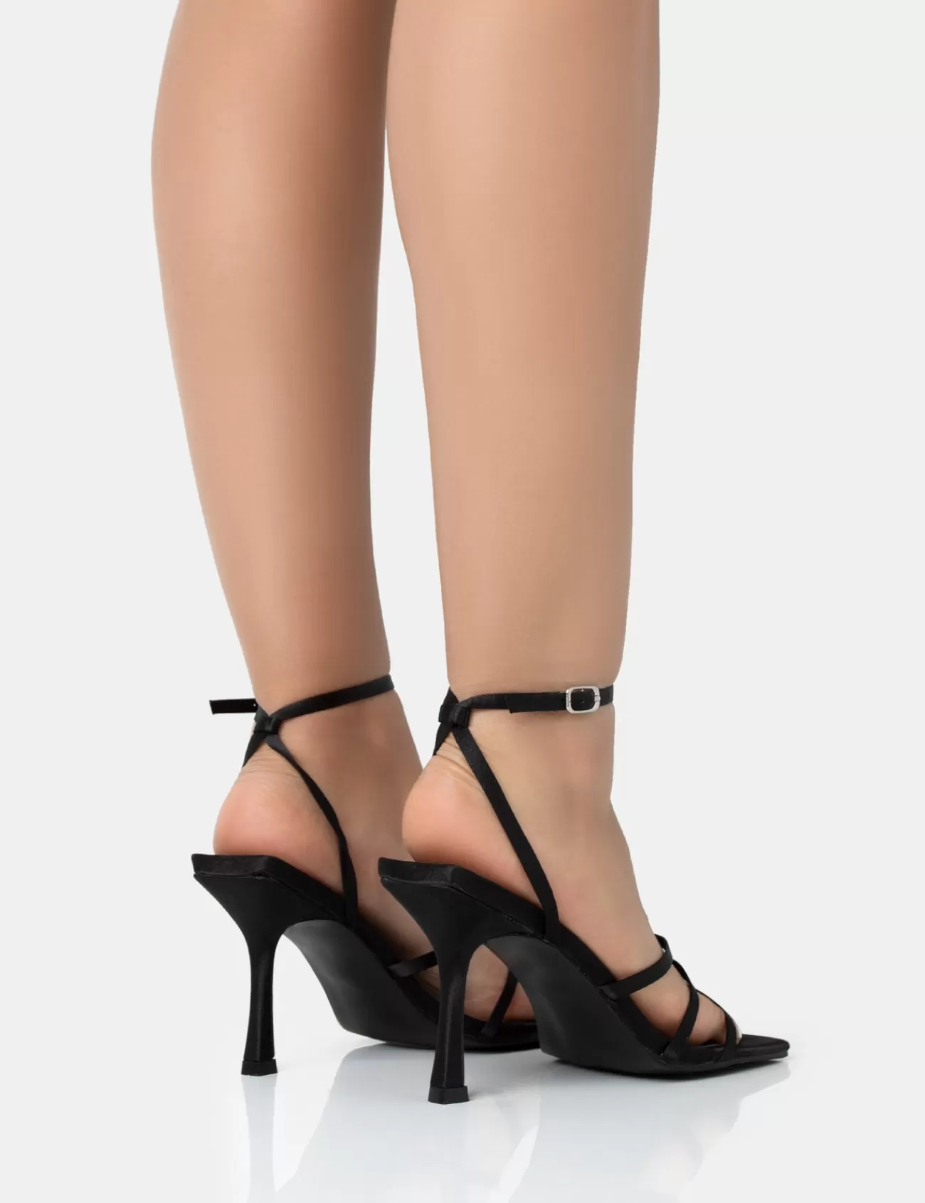 Public Desire Mademoiselle Wide Fit Satin Strappy Square Toe Mid Stiletto Heels Black Discount