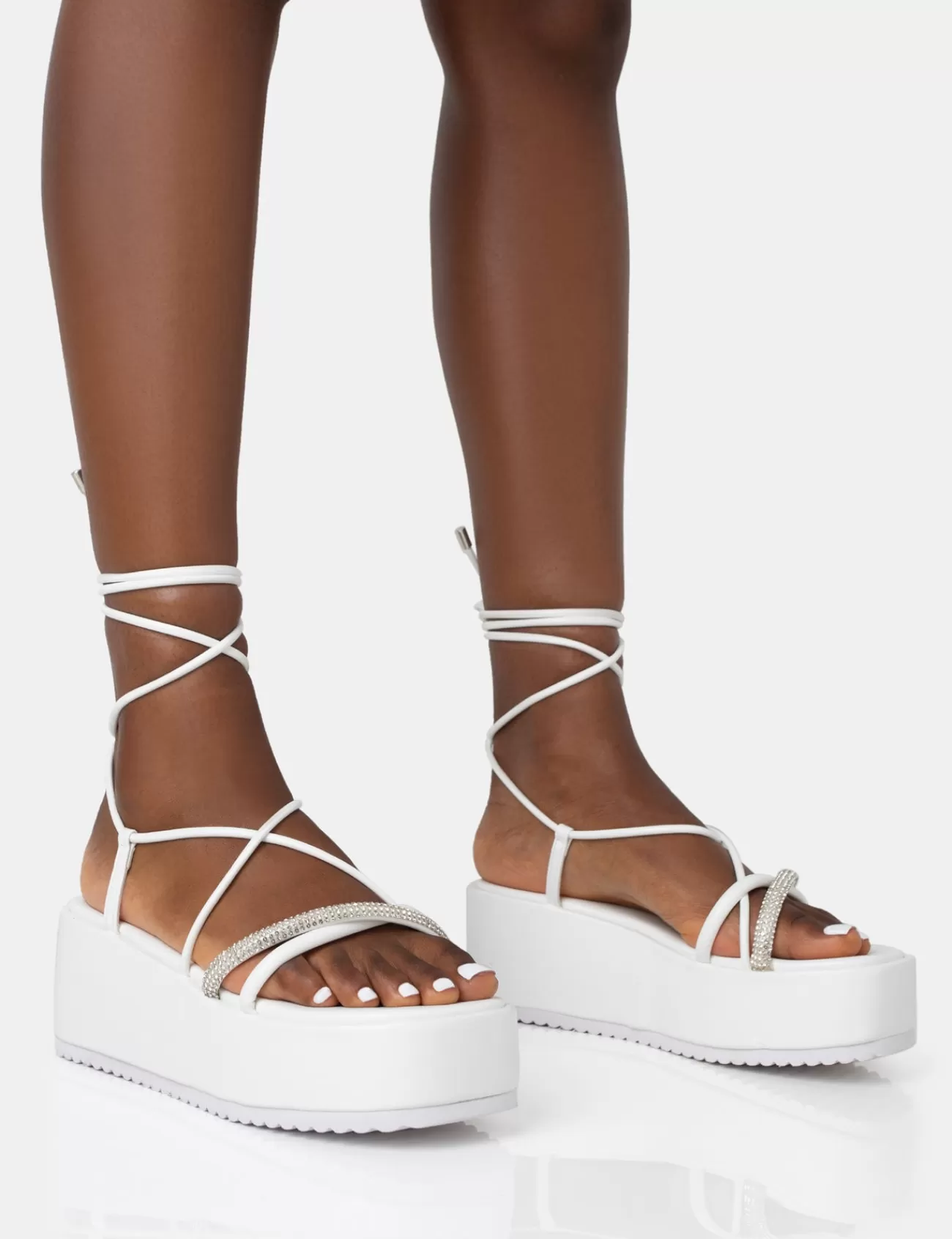 Public Desire Malia Pu Diamante Strap Lace Up Chunky Platform Sandals White Flash Sale