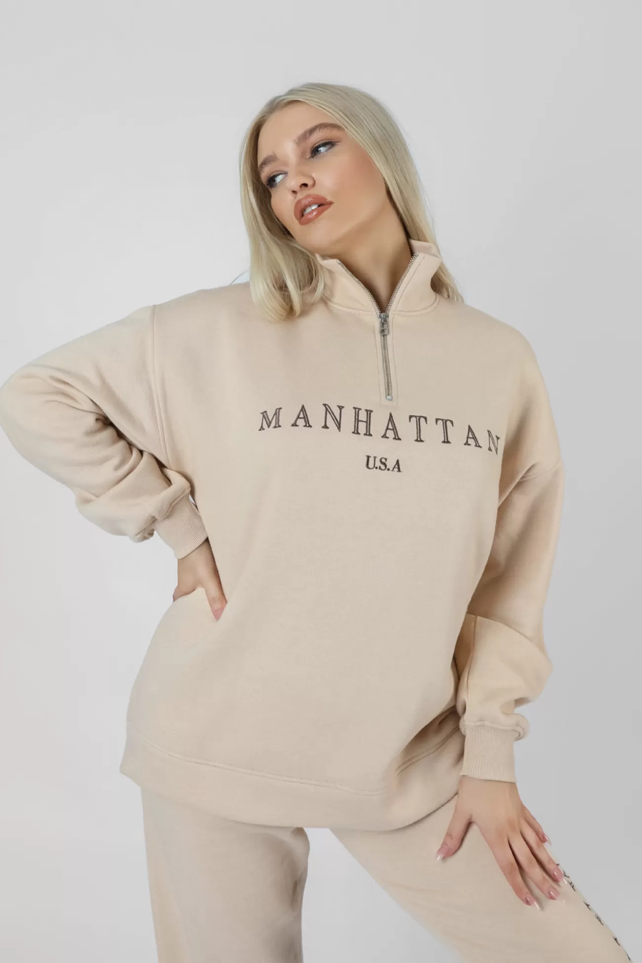 Public Desire Manhattan Half Zip Pullover Sweatshirt Stone Shop