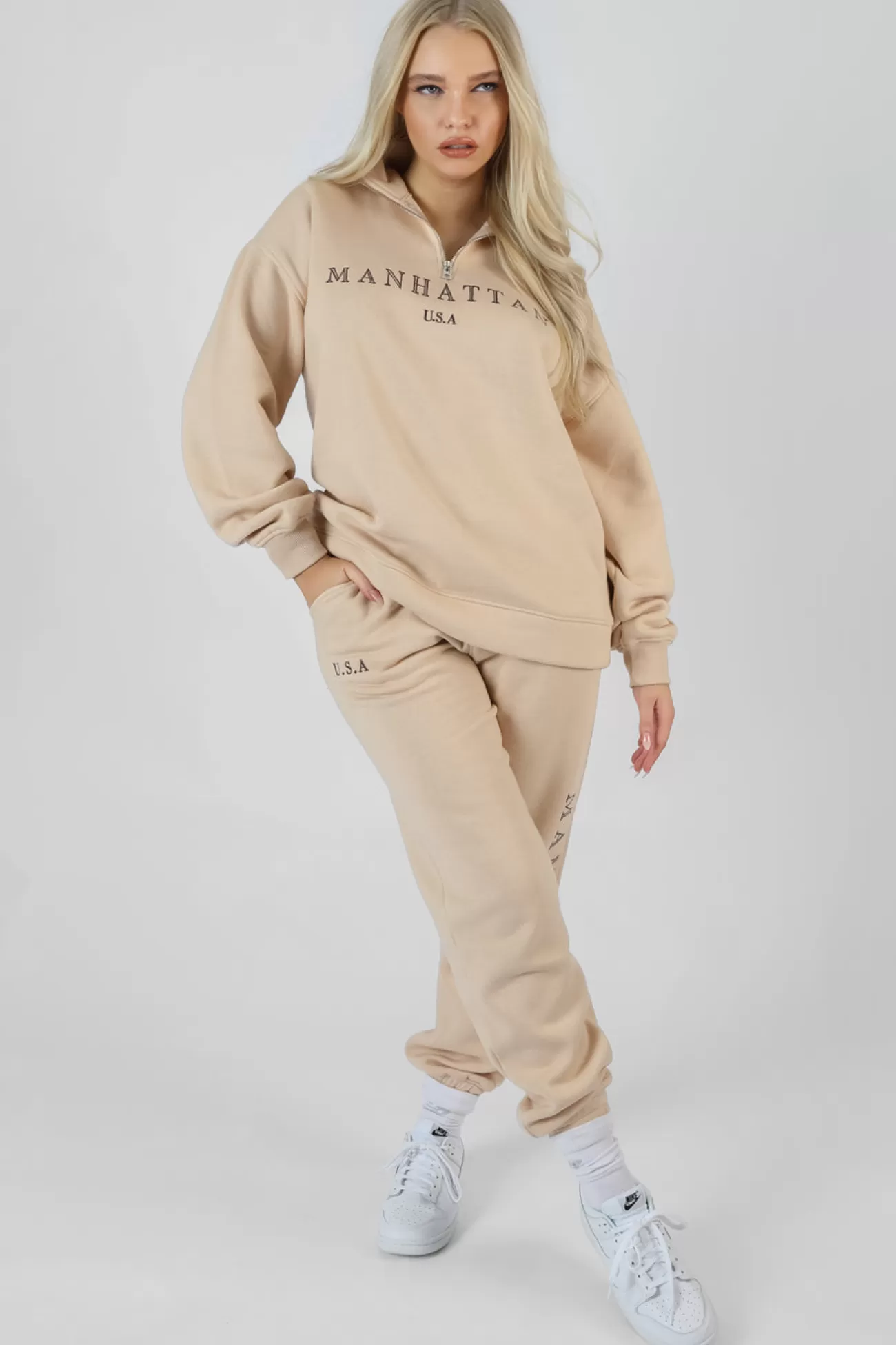 Public Desire Manhattan Half Zip Pullover Sweatshirt Stone Shop