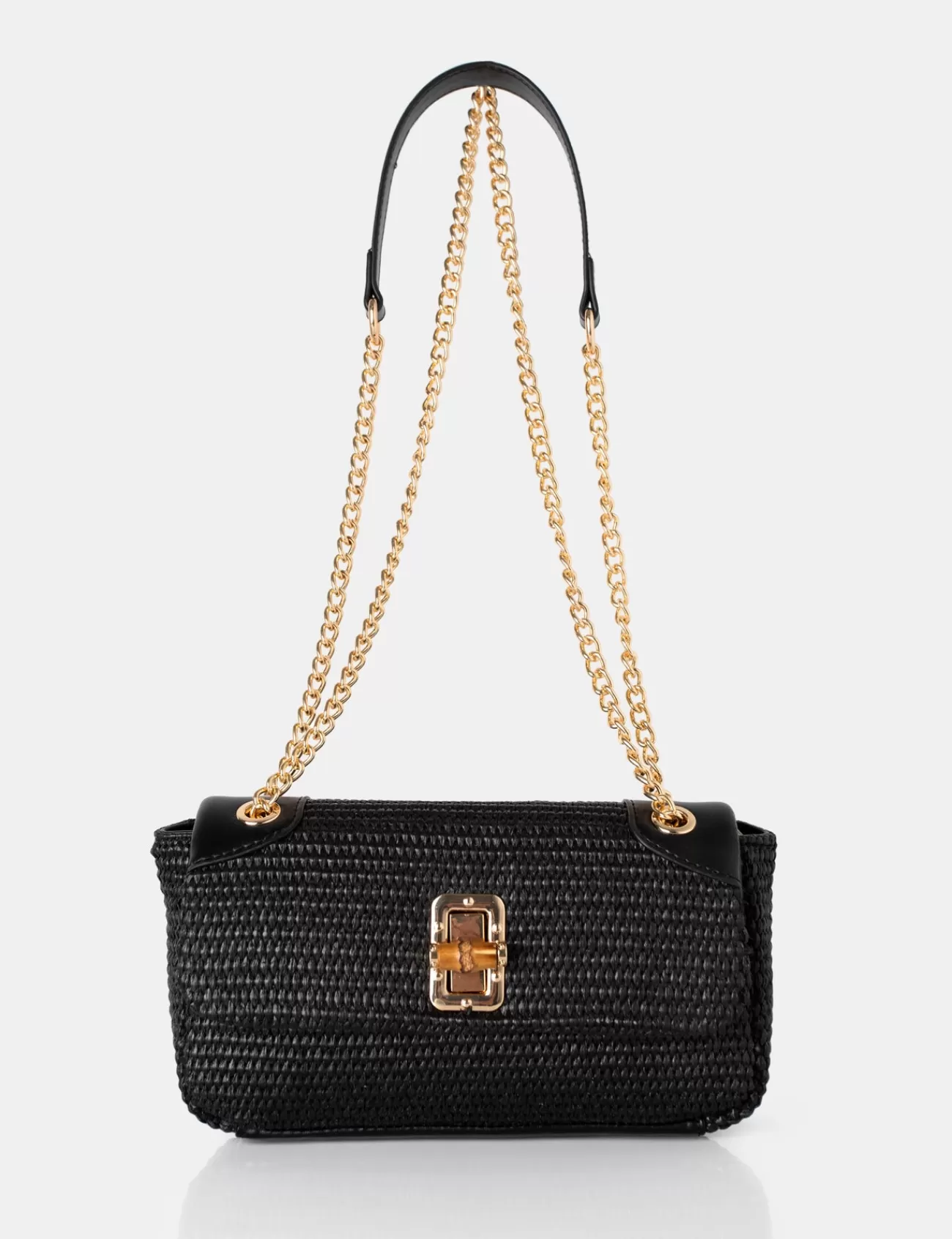 Public Desire Mara Raffia Gold Chain Detail Adjustable Shoulder Bag Black Discount