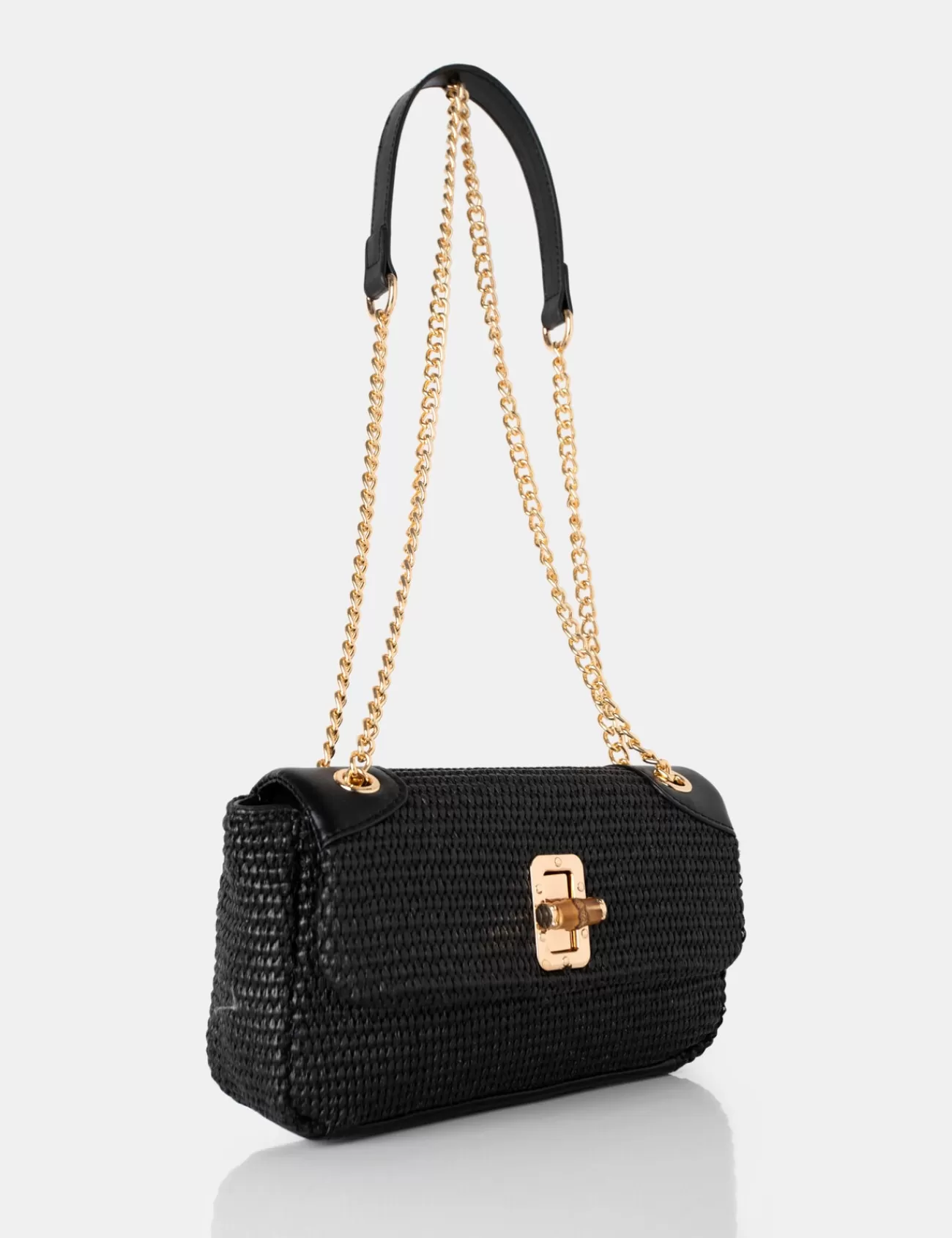 Public Desire Mara Raffia Gold Chain Detail Adjustable Shoulder Bag Black Discount