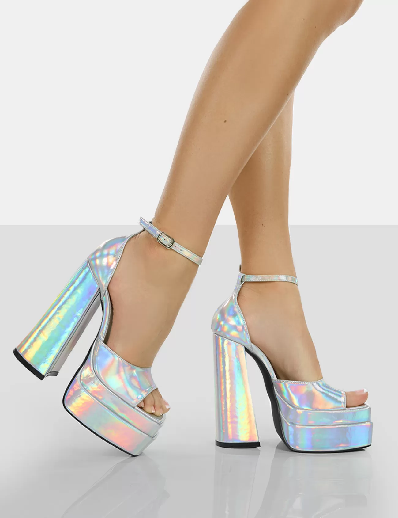 Public Desire Mercy Holographic Strappy Square Toe Platform High Block Heels Silver Flash Sale
