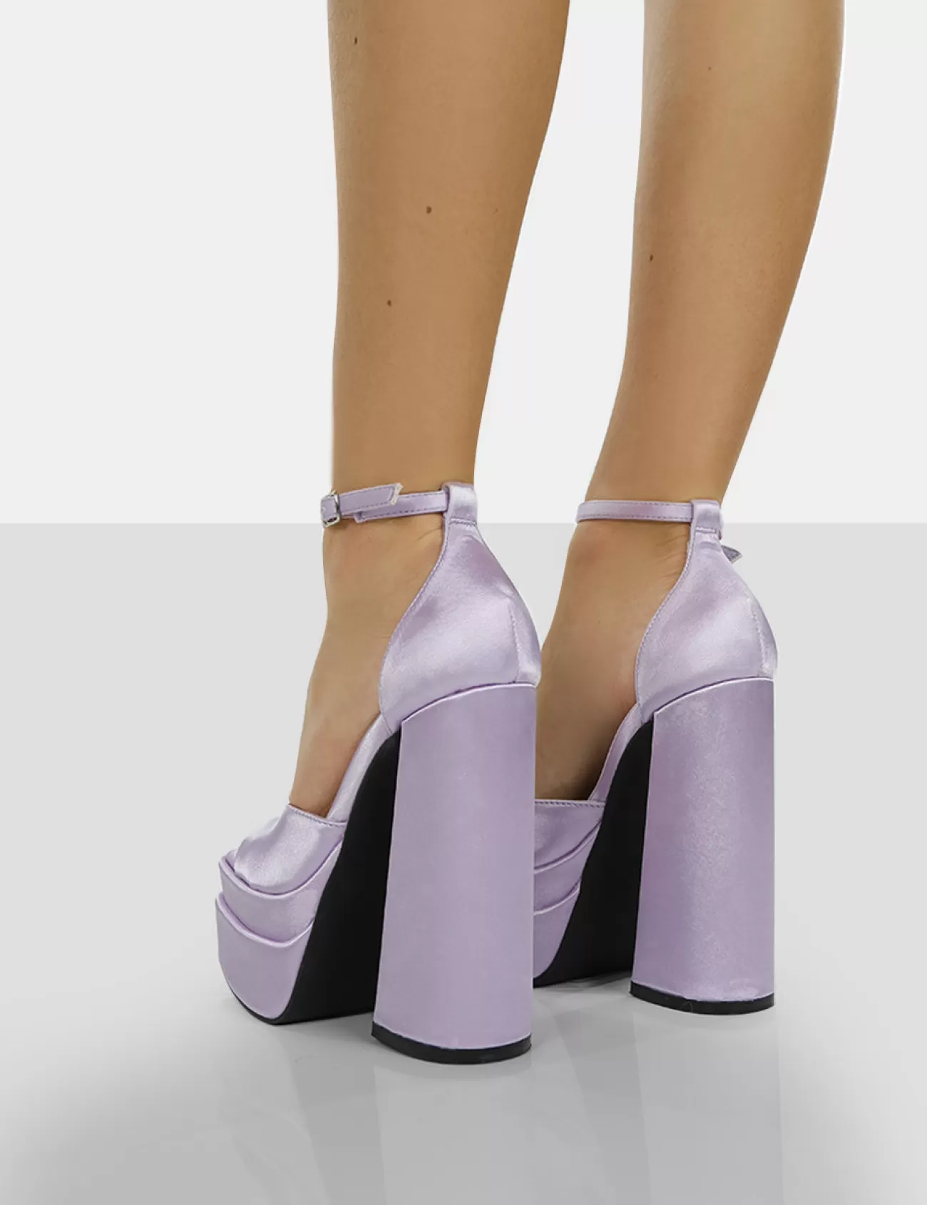 Public Desire Mercy Satin Strappy Square Toe Platform High Block Heels Lavender Flash Sale