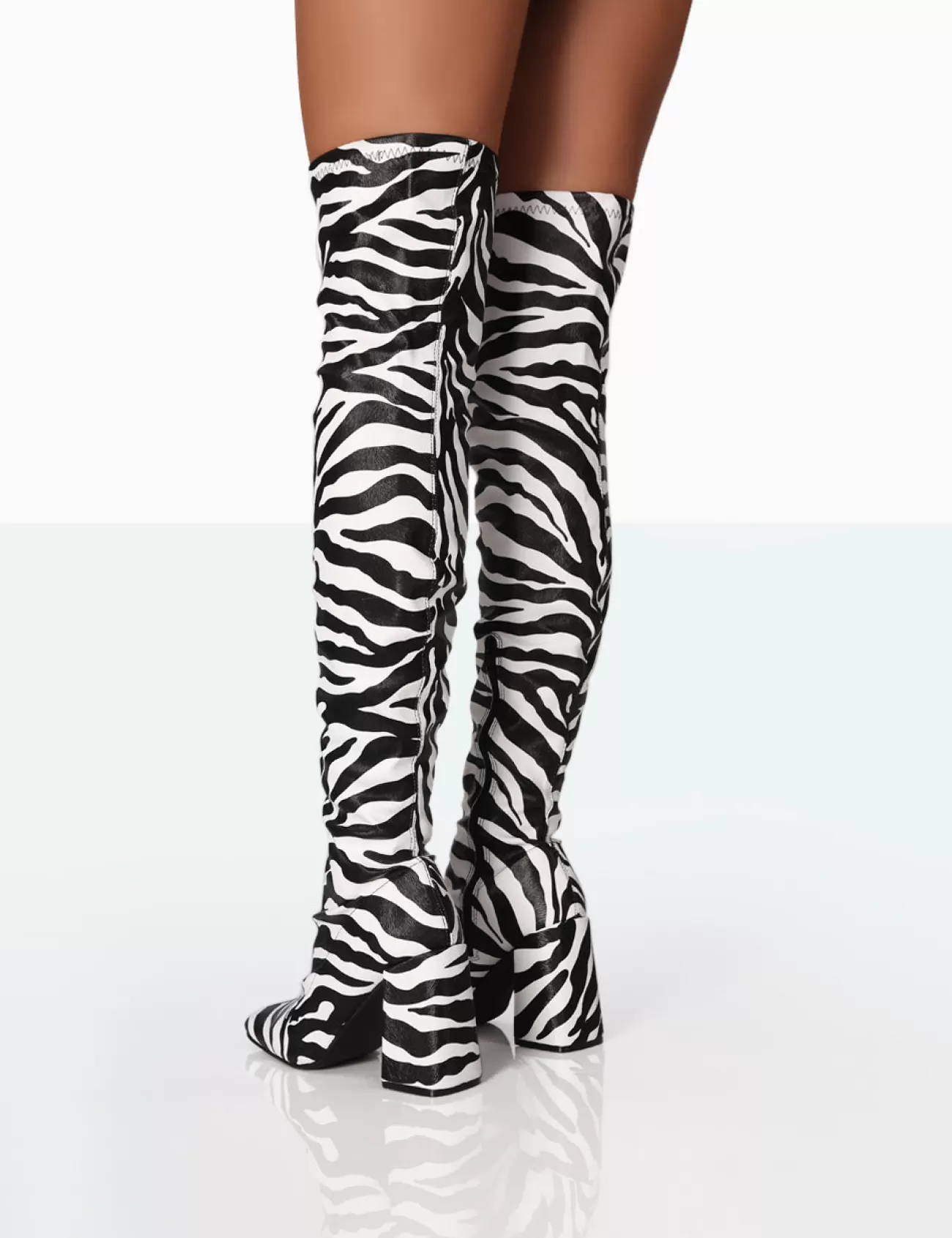 Public Desire Meridian Zebra Grain Pu Block Heel Over The Knee High Boots Black And White Best Sale