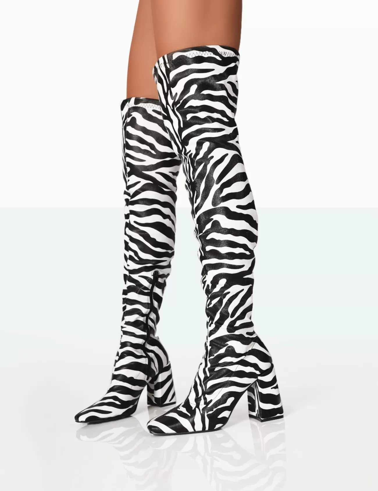 Public Desire Meridian Zebra Grain Pu Block Heel Over The Knee High Boots Black And White Best Sale