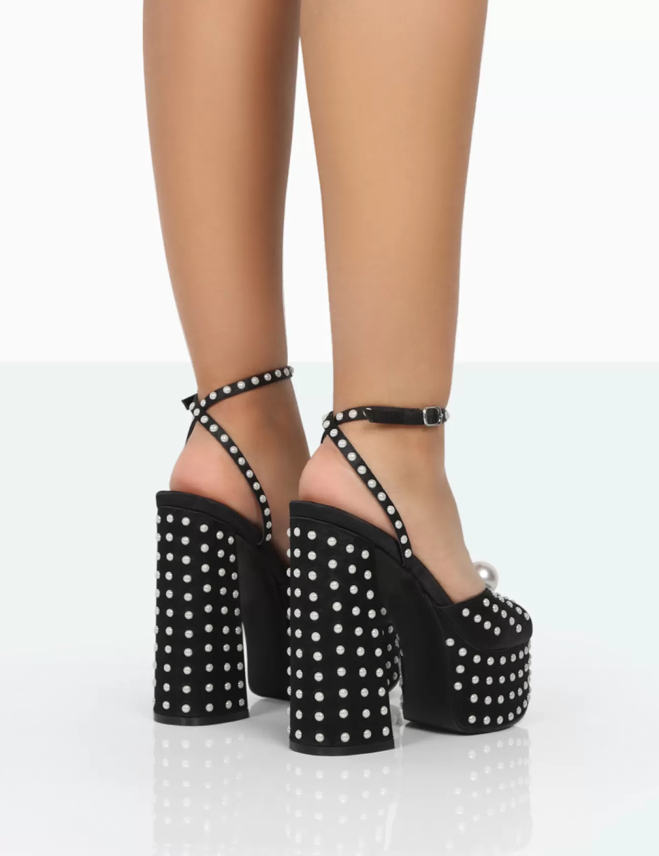 Public Desire Mia Black Satin Pearl Open Toe Block Platform Heels Best