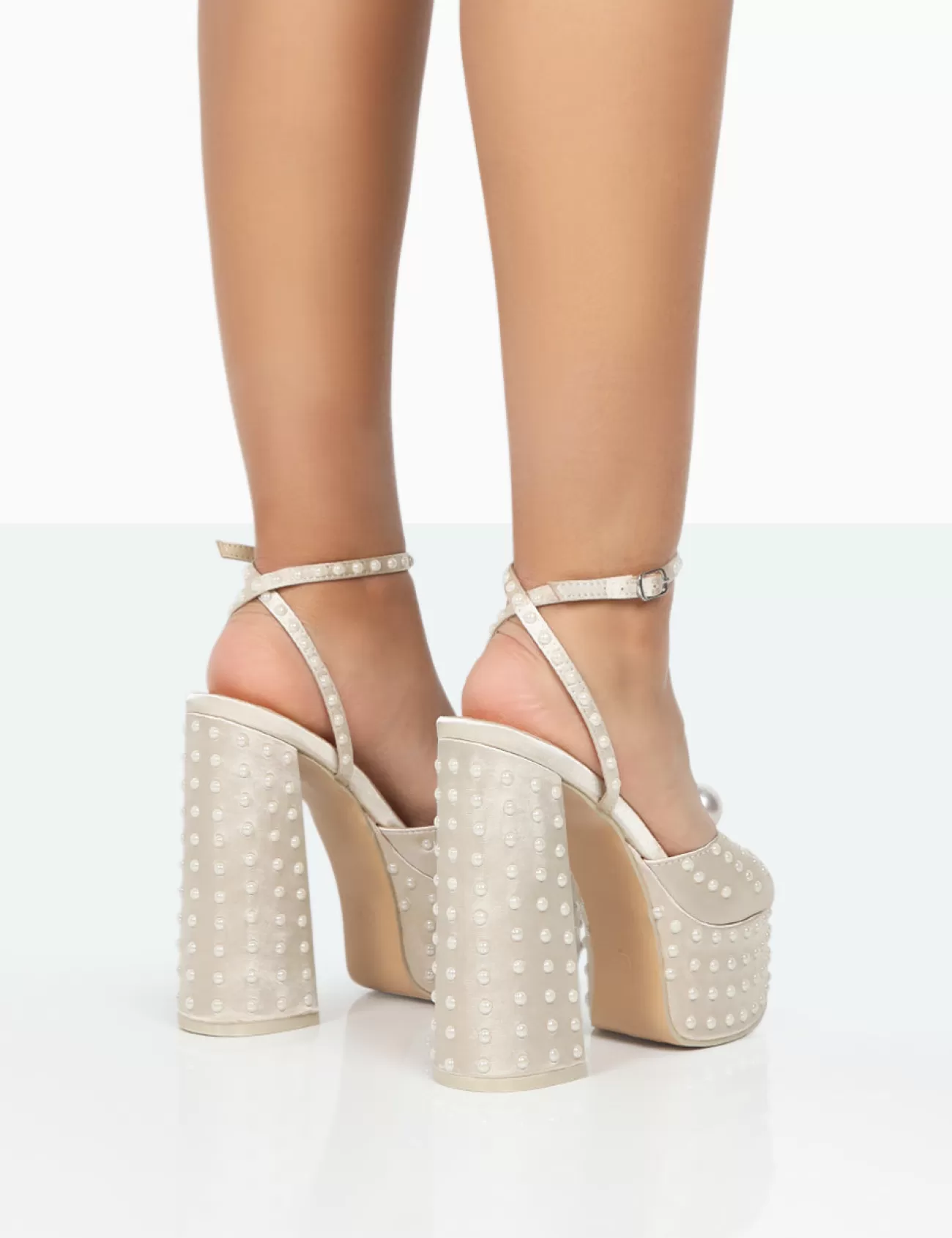 Public Desire Mia Ecru Satin Pearl Open Toe Block Platform Heels Clearance