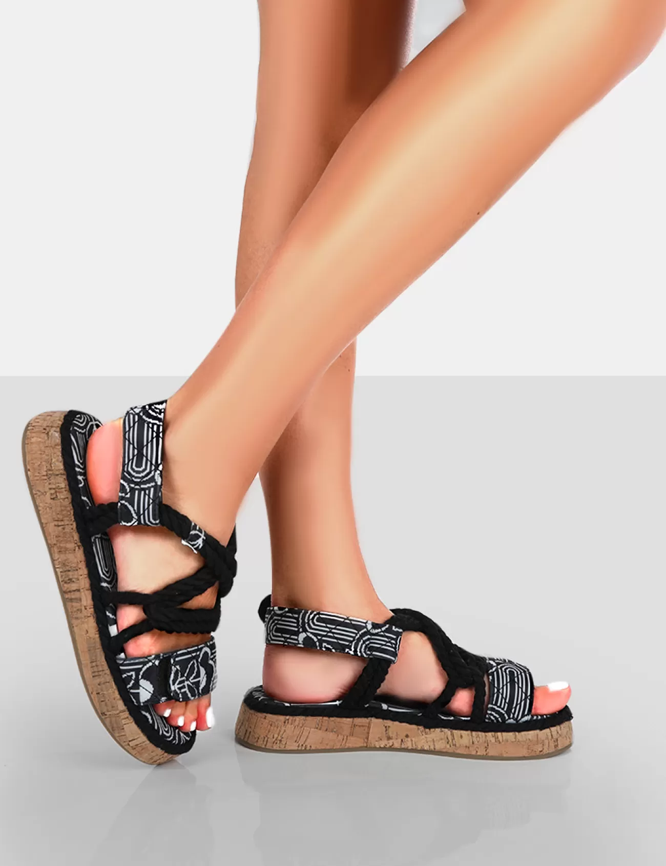 Public Desire Miami Wide Fit Printed Rope Flatform Lace Up Sandals Black Outlet