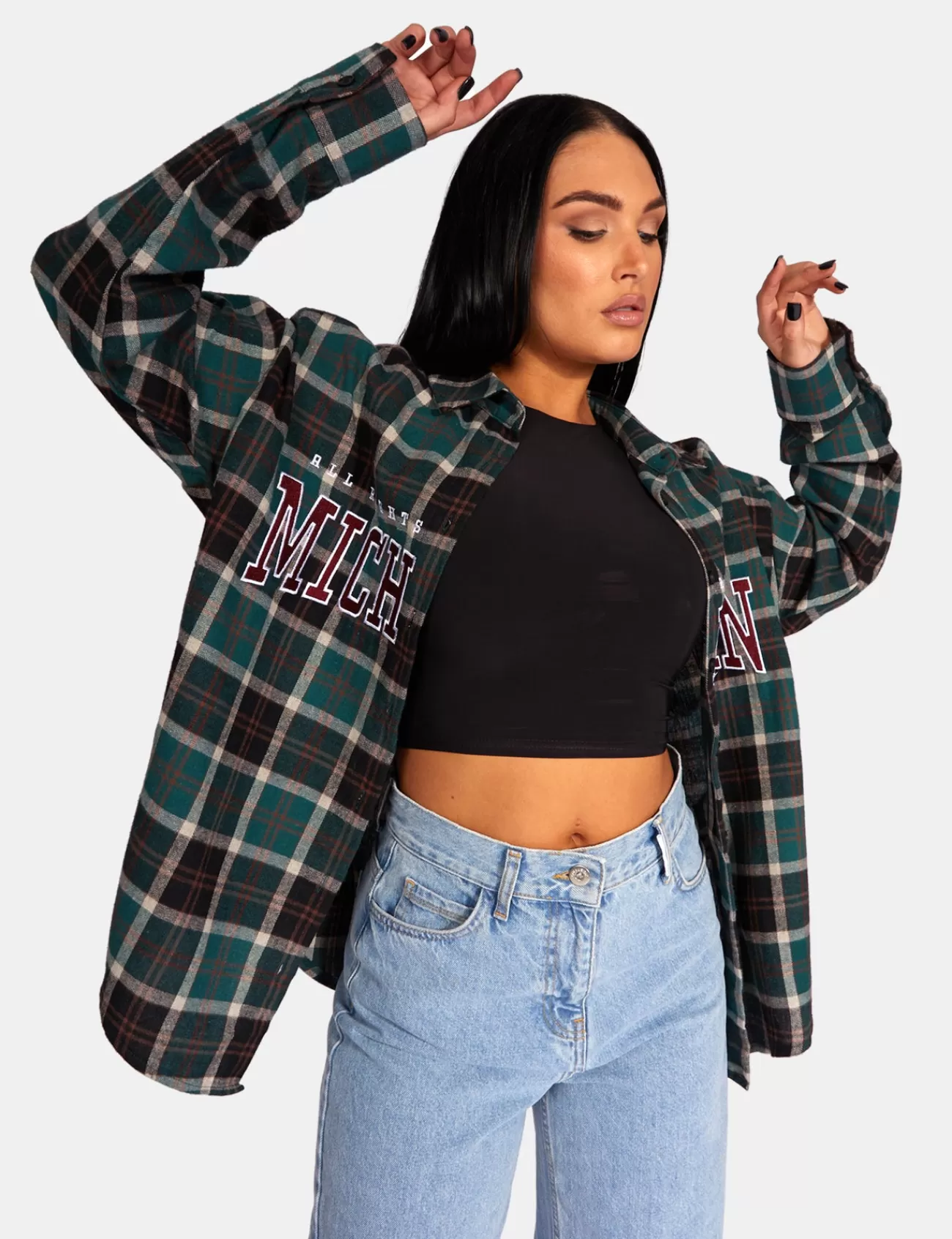 Public Desire Michigan Slogan Check Shirt Forest Green Hot