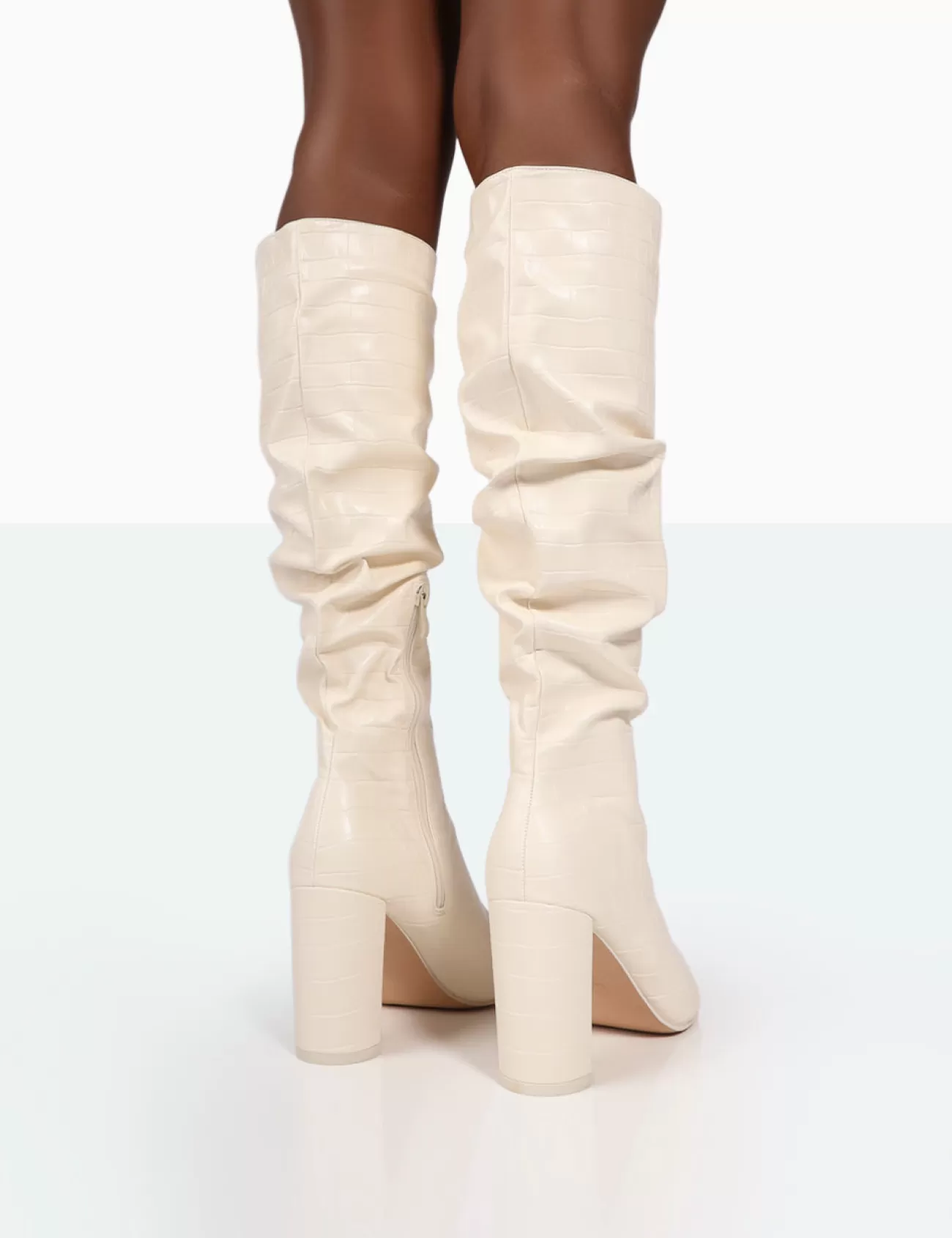 Public Desire Mine Croc Pointed Toe Block Heeled Knee High Boots Ecru Fashion