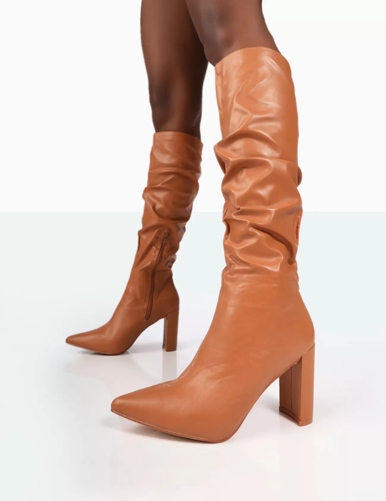 Public Desire Mine Pu Pointed Toe Block Heeled Knee High Boots Caramel Best