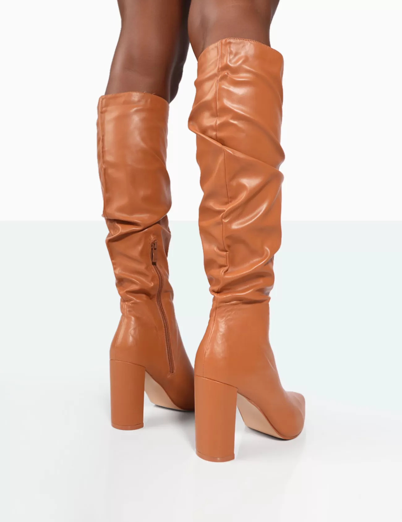 Public Desire Mine Pu Pointed Toe Block Heeled Knee High Boots Caramel Best