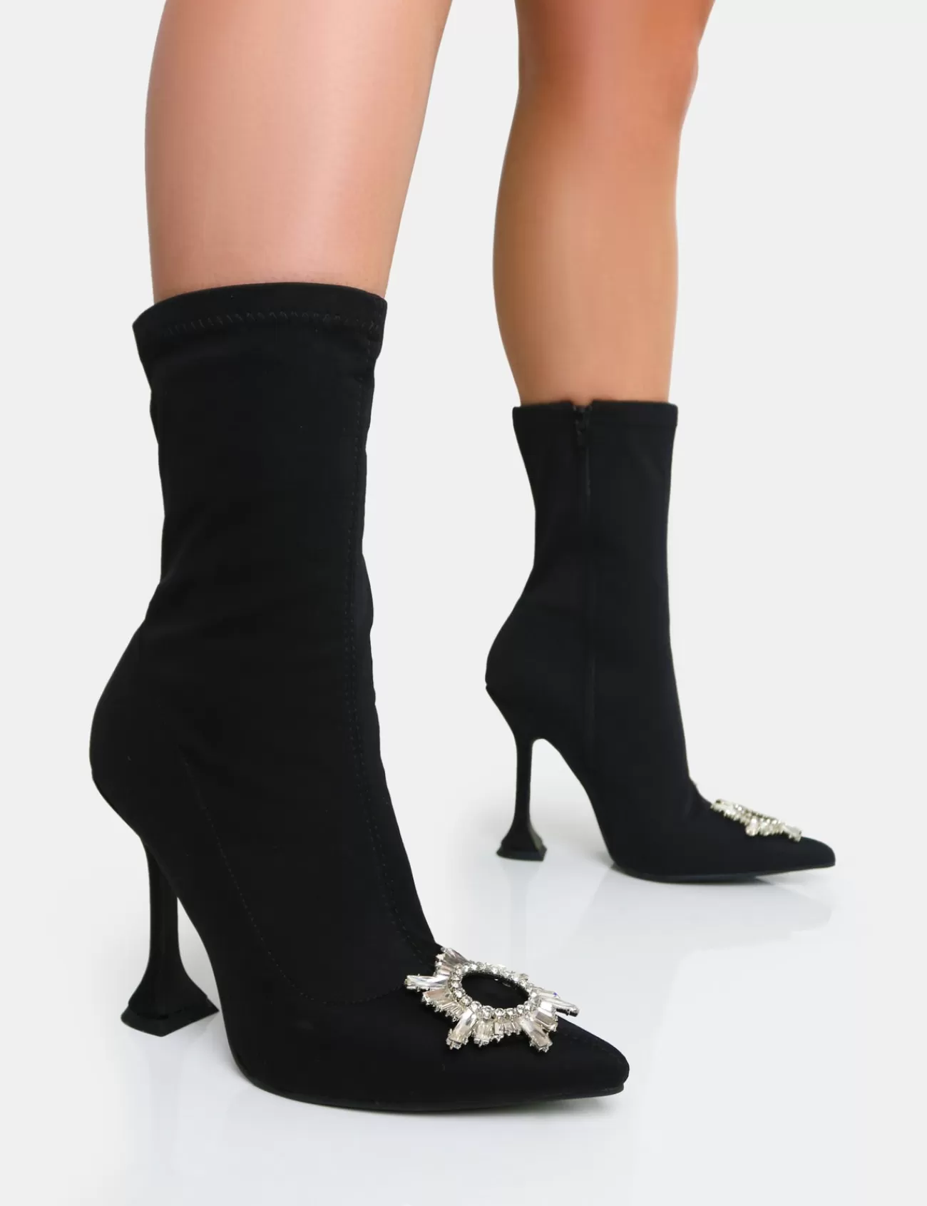 Public Desire Modena Nylon Diamantie Broach Cake Stand Heel Sock Ankle Boot Black Best