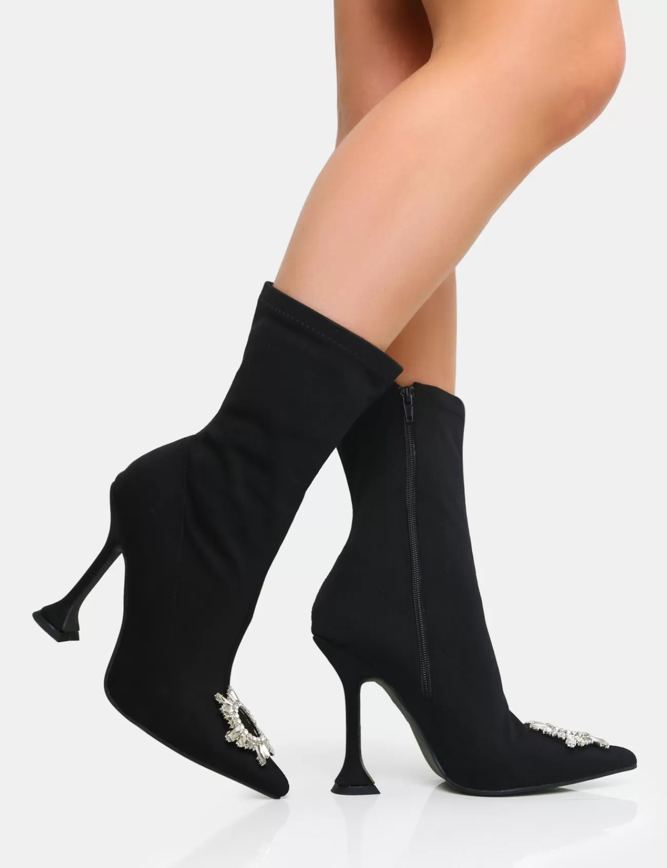 Public Desire Modena Nylon Diamantie Broach Cake Stand Heel Sock Ankle Boot Black Best