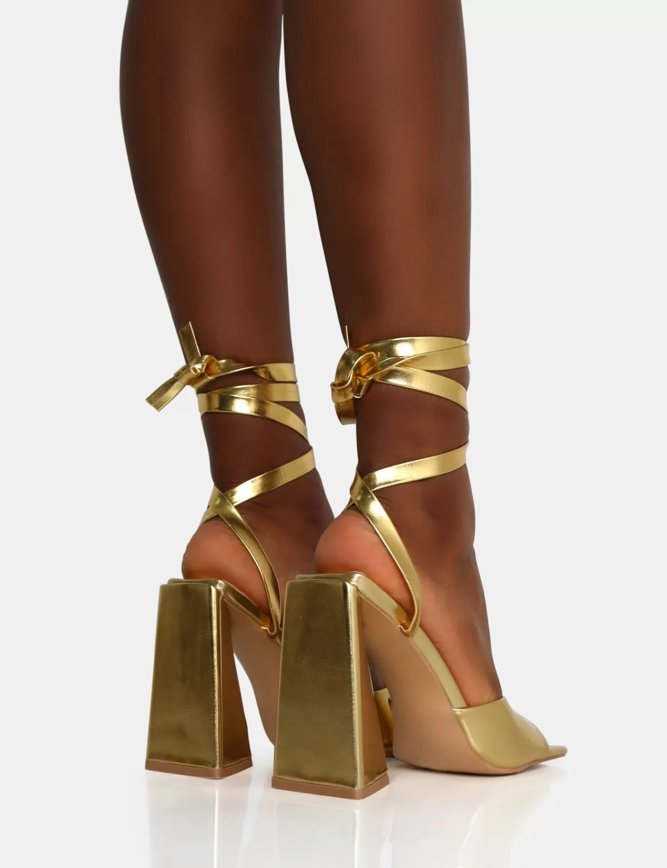 Public Desire Mojito Lace Up Pyramid Block Heels Gold Fashion