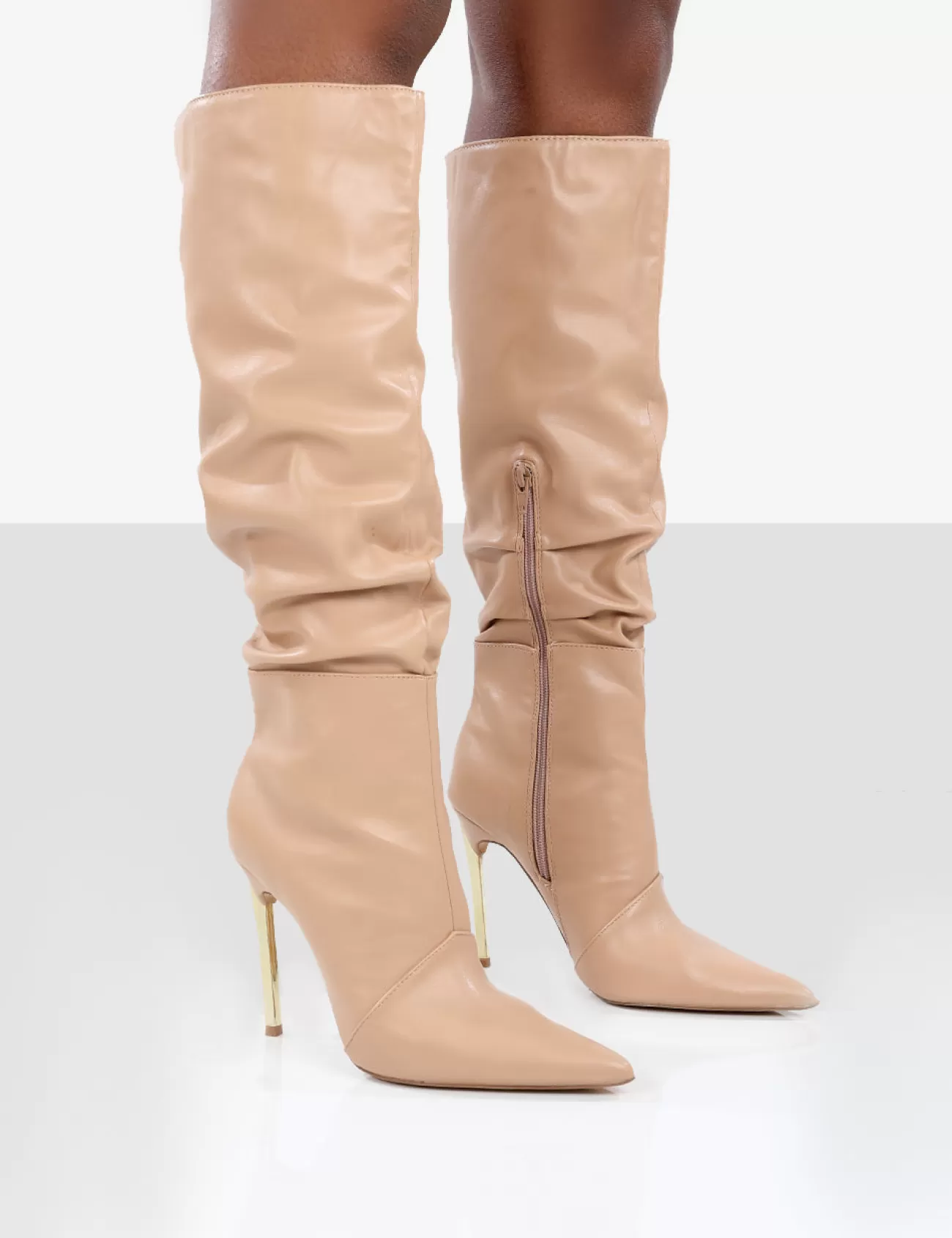 Public Desire Monica Pu Pointed Toe Stiletto Knee High Boots Nude Clearance