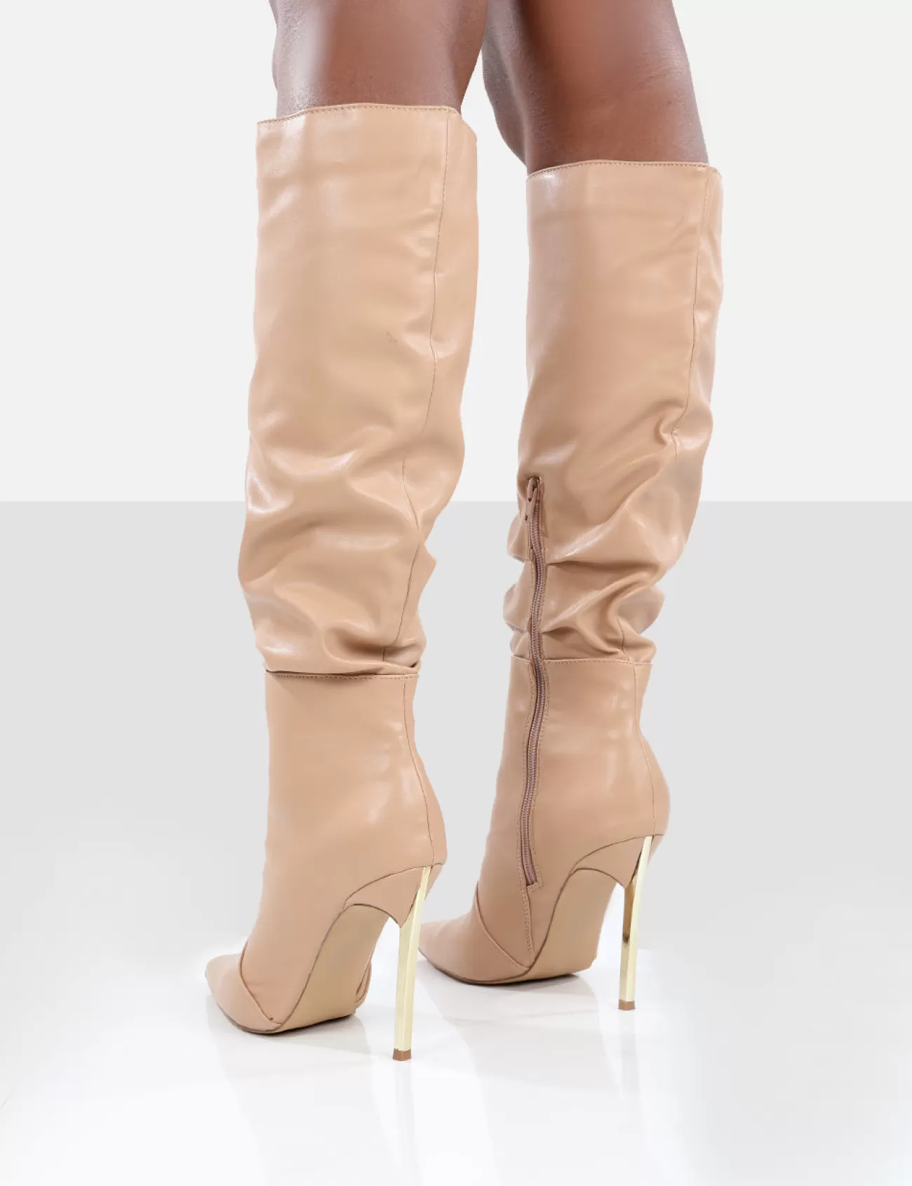 Public Desire Monica Pu Pointed Toe Stiletto Knee High Boots Nude Clearance