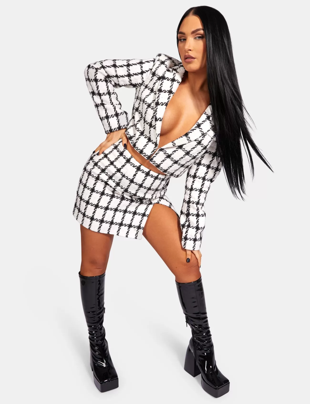 Public Desire Monochrome Textured Check Cropped Blazer Ivory New