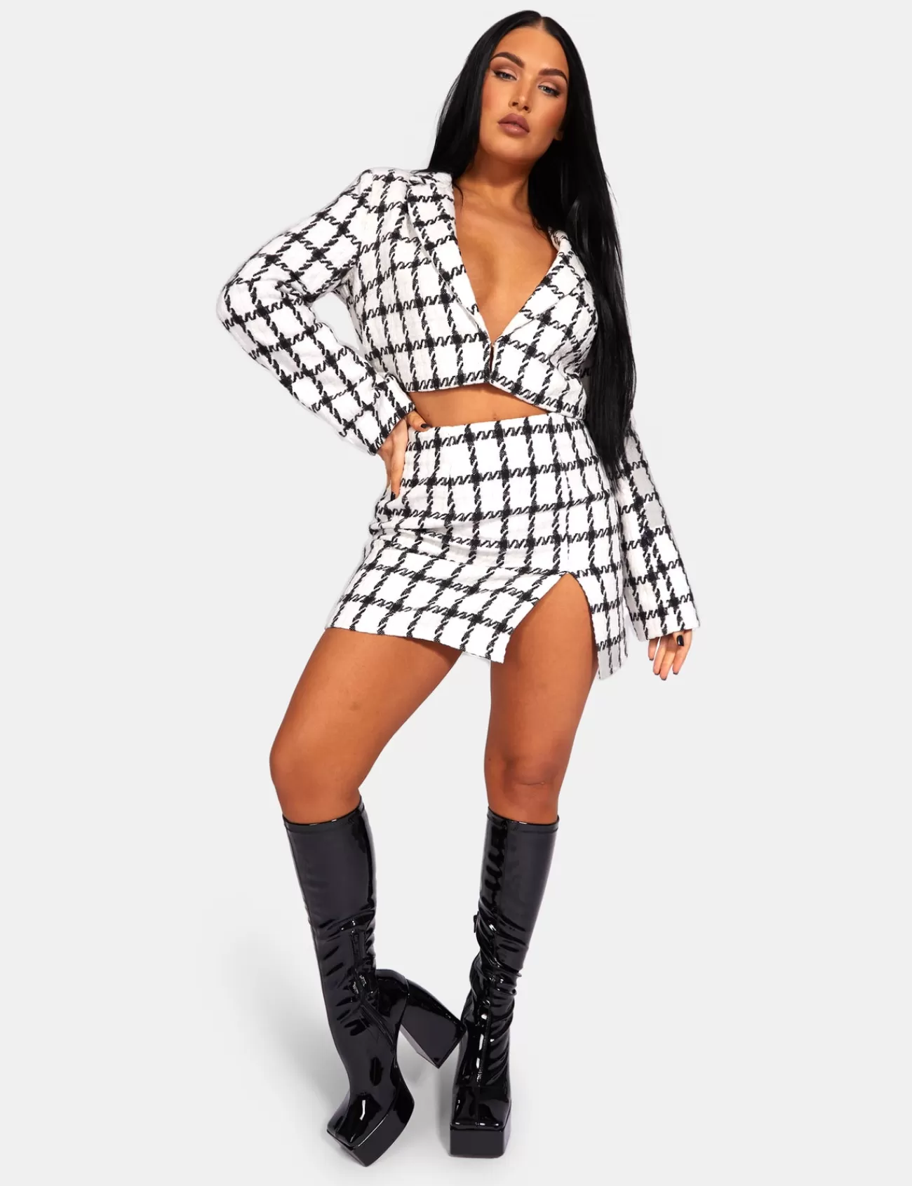 Public Desire Monochrome Textured Check Mini Skirt Ivory Cheap