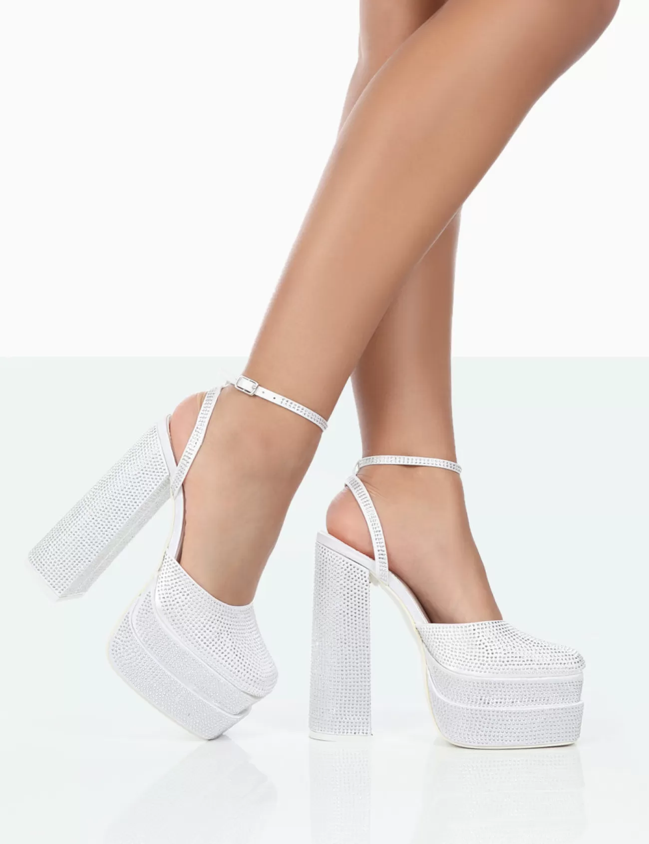 Public Desire Moonchild Diamante Satin Closed Toe Statement Platform Block Heels White Online
