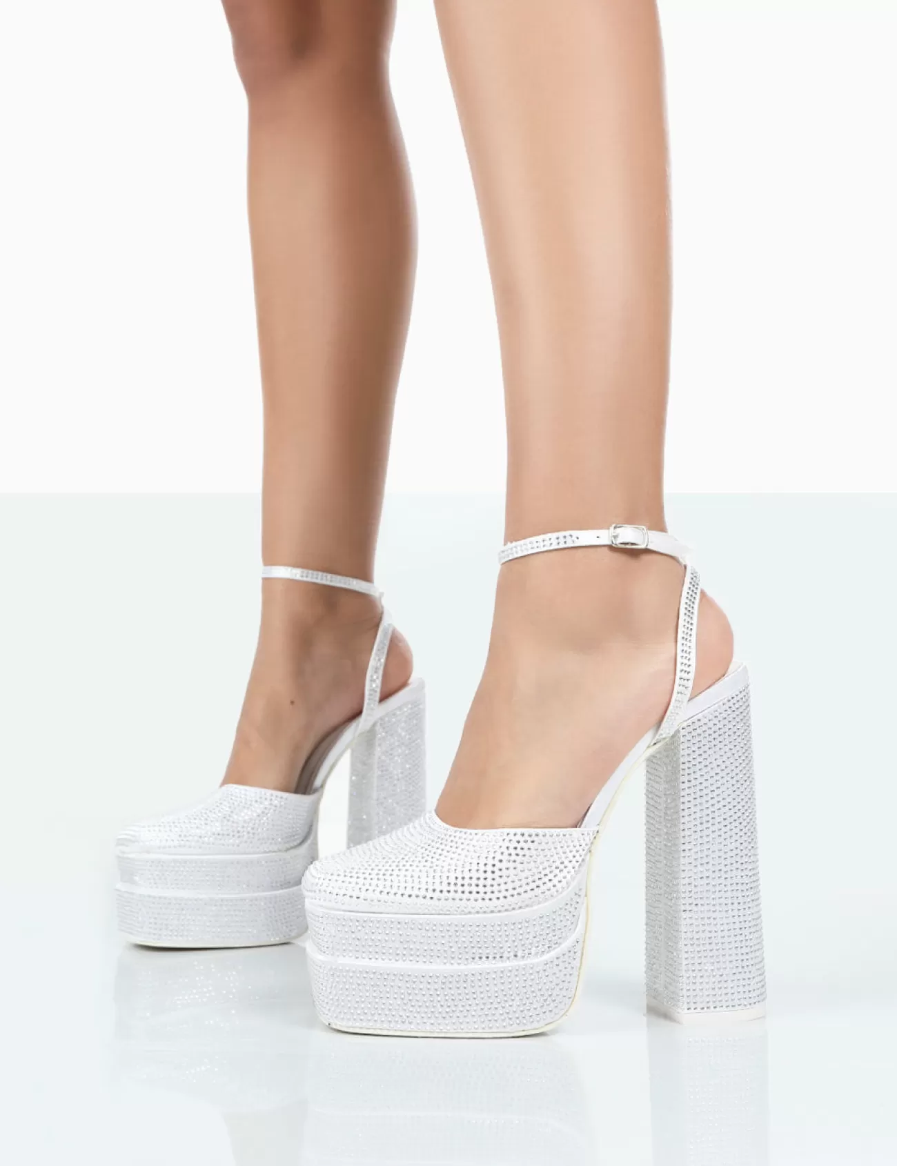 Public Desire Moonchild Diamante Satin Closed Toe Statement Platform Block Heels White Online