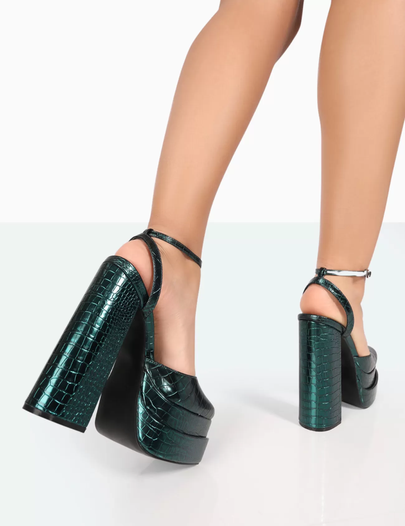 Public Desire Moonchild Metallic Green Croc Closed Toe Statement Platform Block Heels Emerald Best Sale