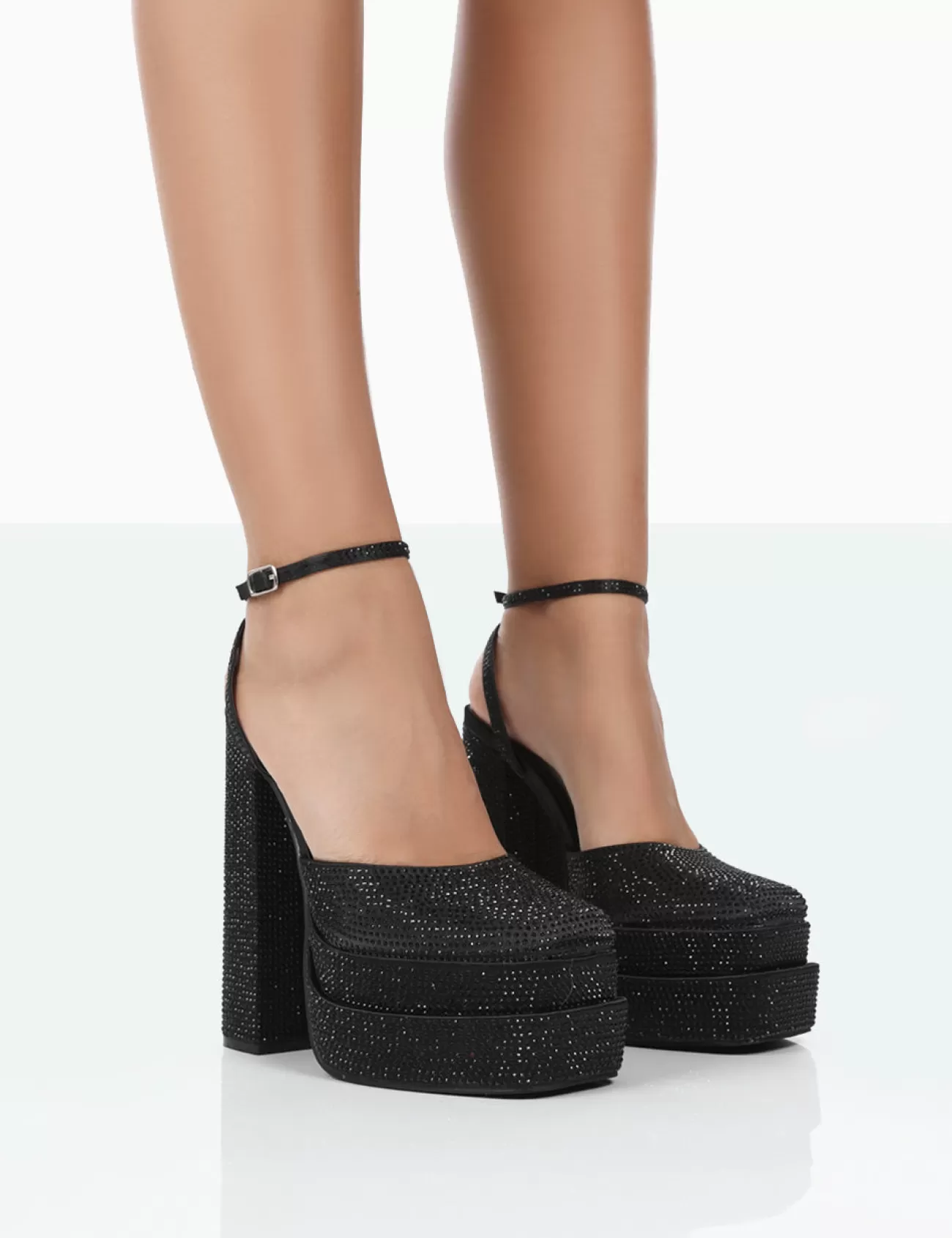 Public Desire Moonchild Sparkly Diamante Satin Closed Toe Statement Platform Block Heels Black Fashion
