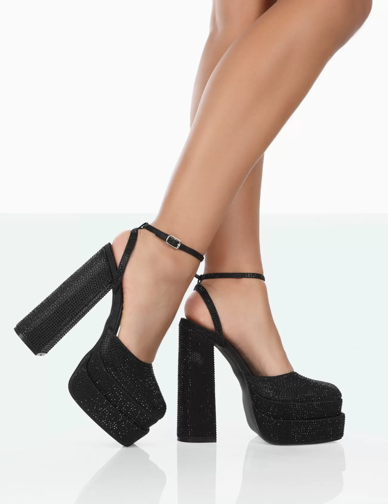 Public Desire Moonchild Sparkly Diamante Satin Closed Toe Statement Platform Block Heels Black Fashion