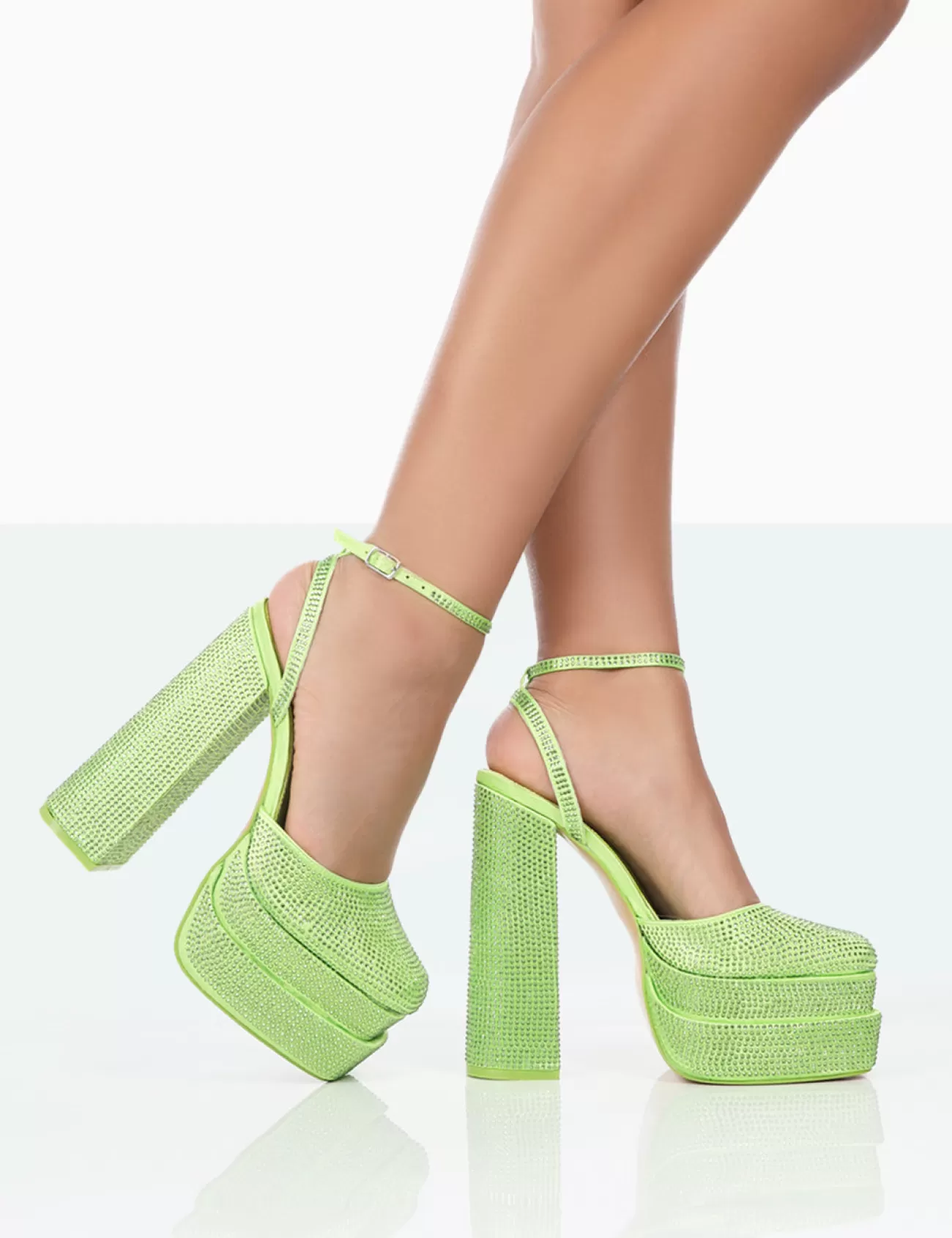 Public Desire Moonchild Sparkly Diamante Satin Closed Toe Statement Platform Block Heels Lime Store